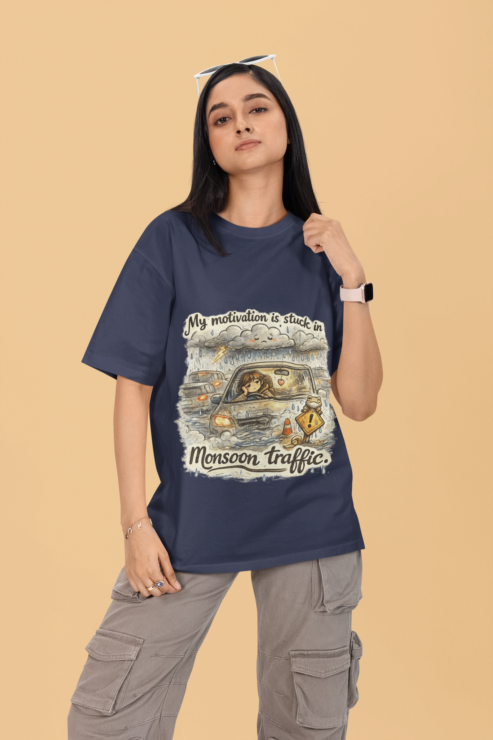 Snuggle Spot My Motivation is stuck in Monsoon Traffic Unisex Oversized T-Shirt
