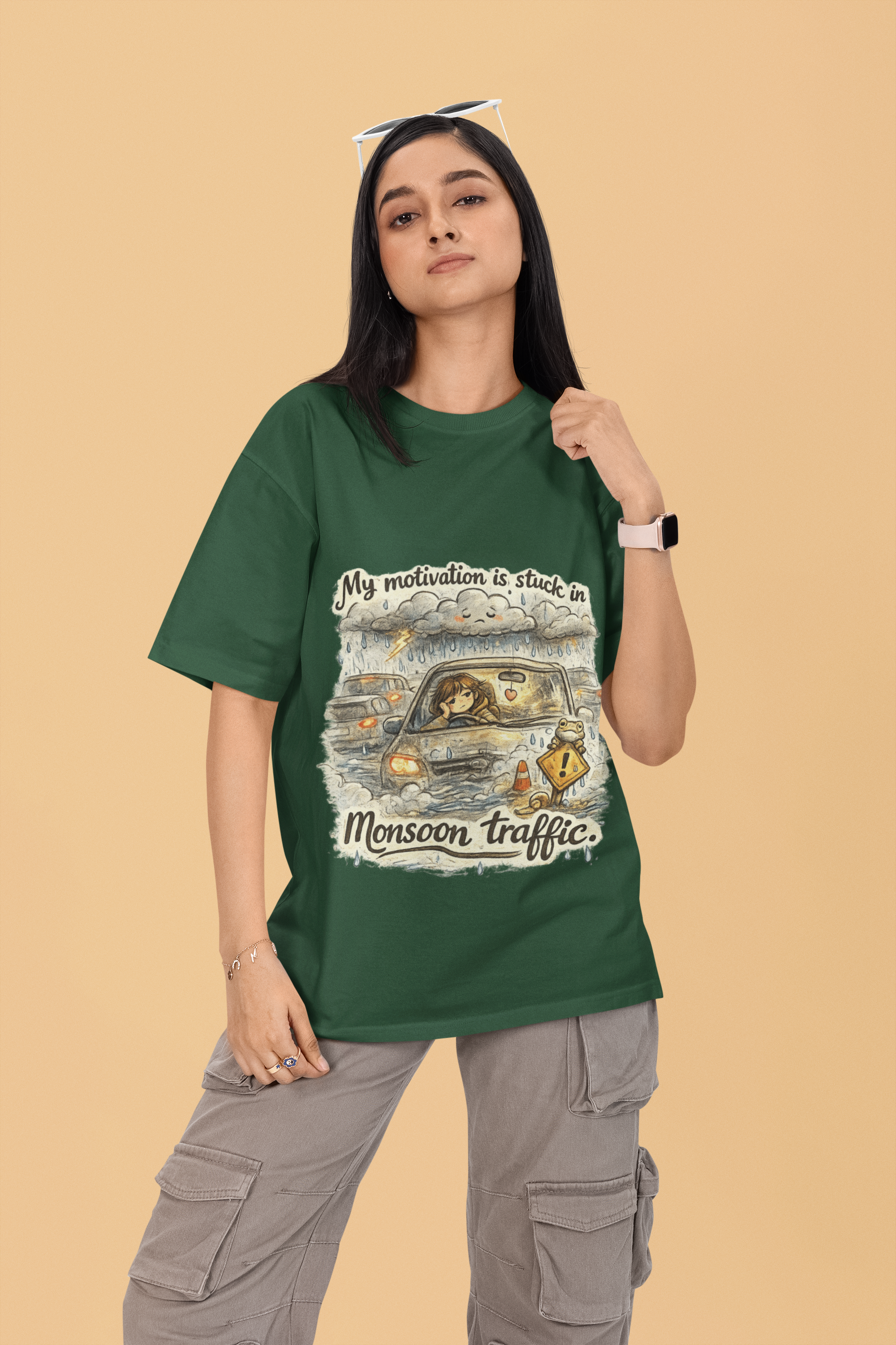 Snuggle Spot My Motivation is stuck in Monsoon Traffic Unisex Oversized T-Shirt