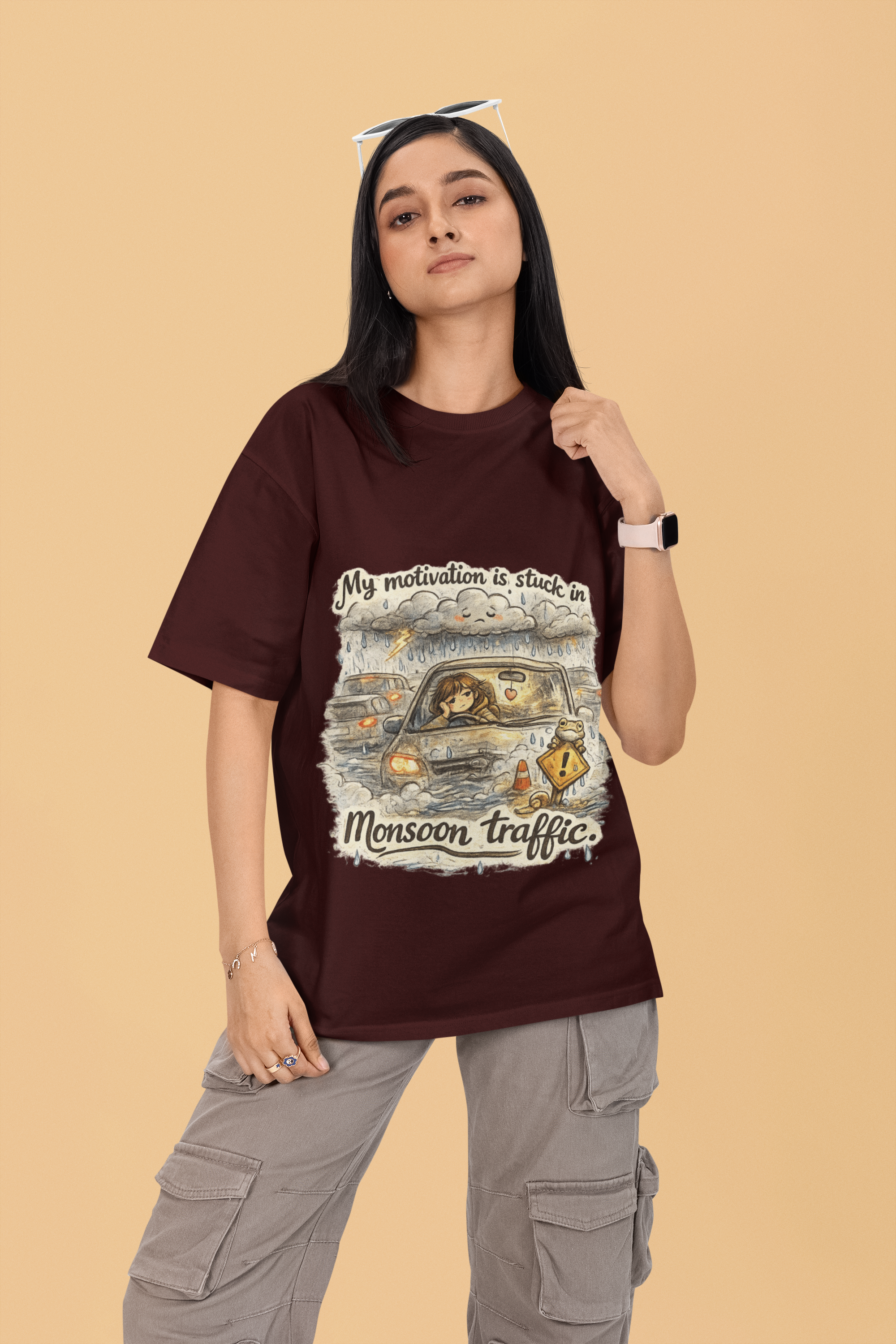 Snuggle Spot My Motivation is stuck in Monsoon Traffic Unisex Oversized T-Shirt