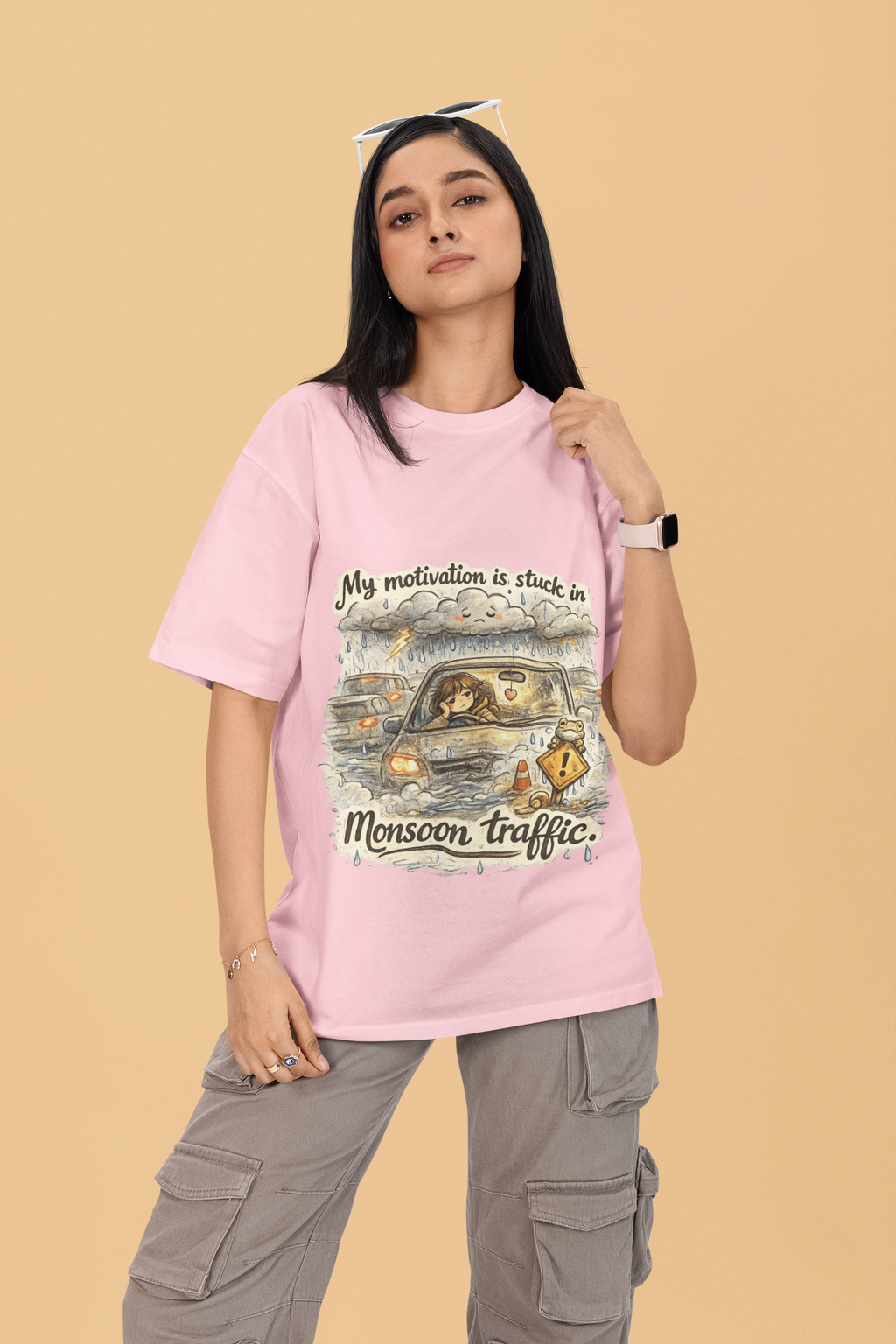Snuggle Spot My Motivation is stuck in Monsoon Traffic Unisex Oversized T-Shirt