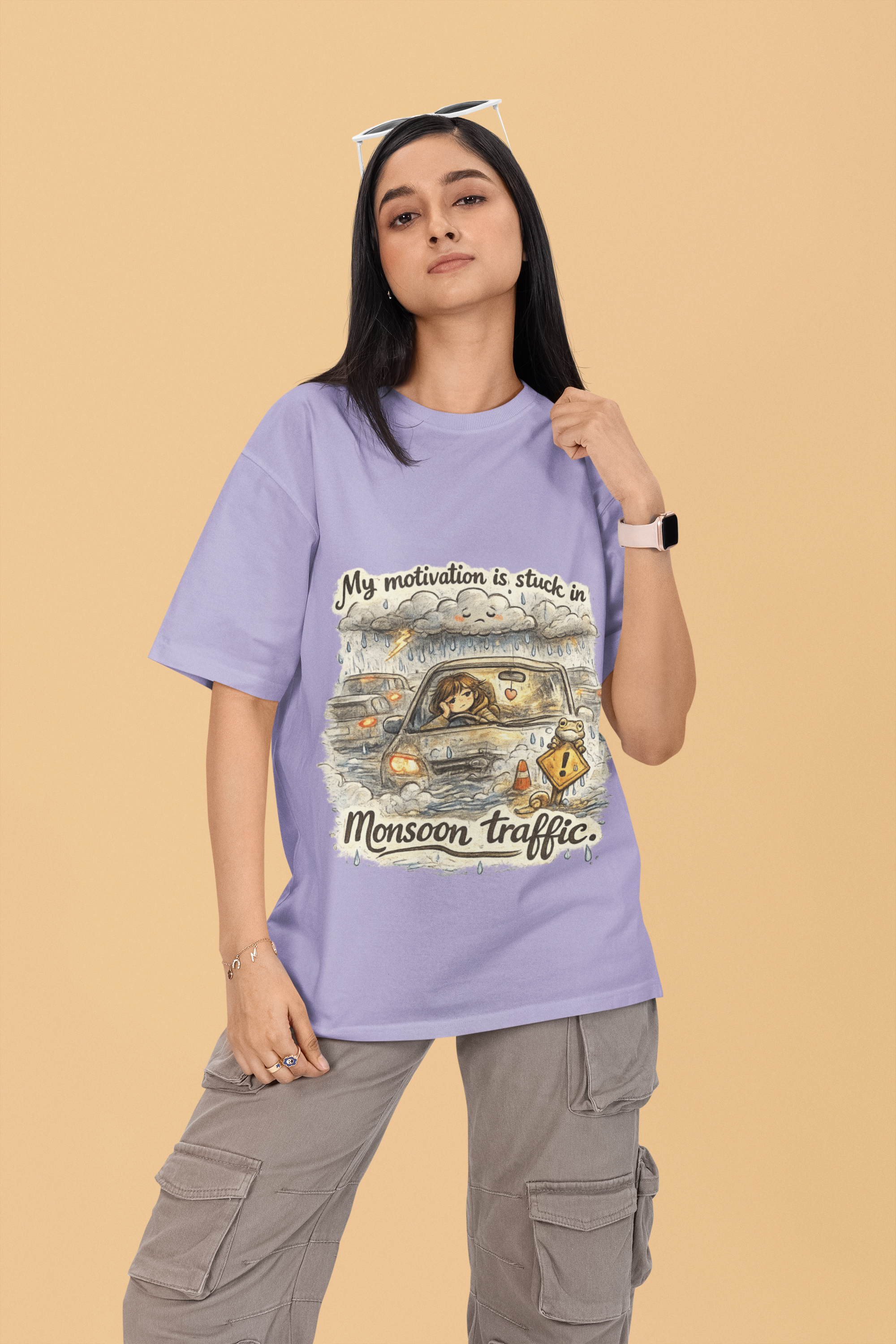 Snuggle Spot My Motivation is stuck in Monsoon Traffic Unisex Oversized T-Shirt