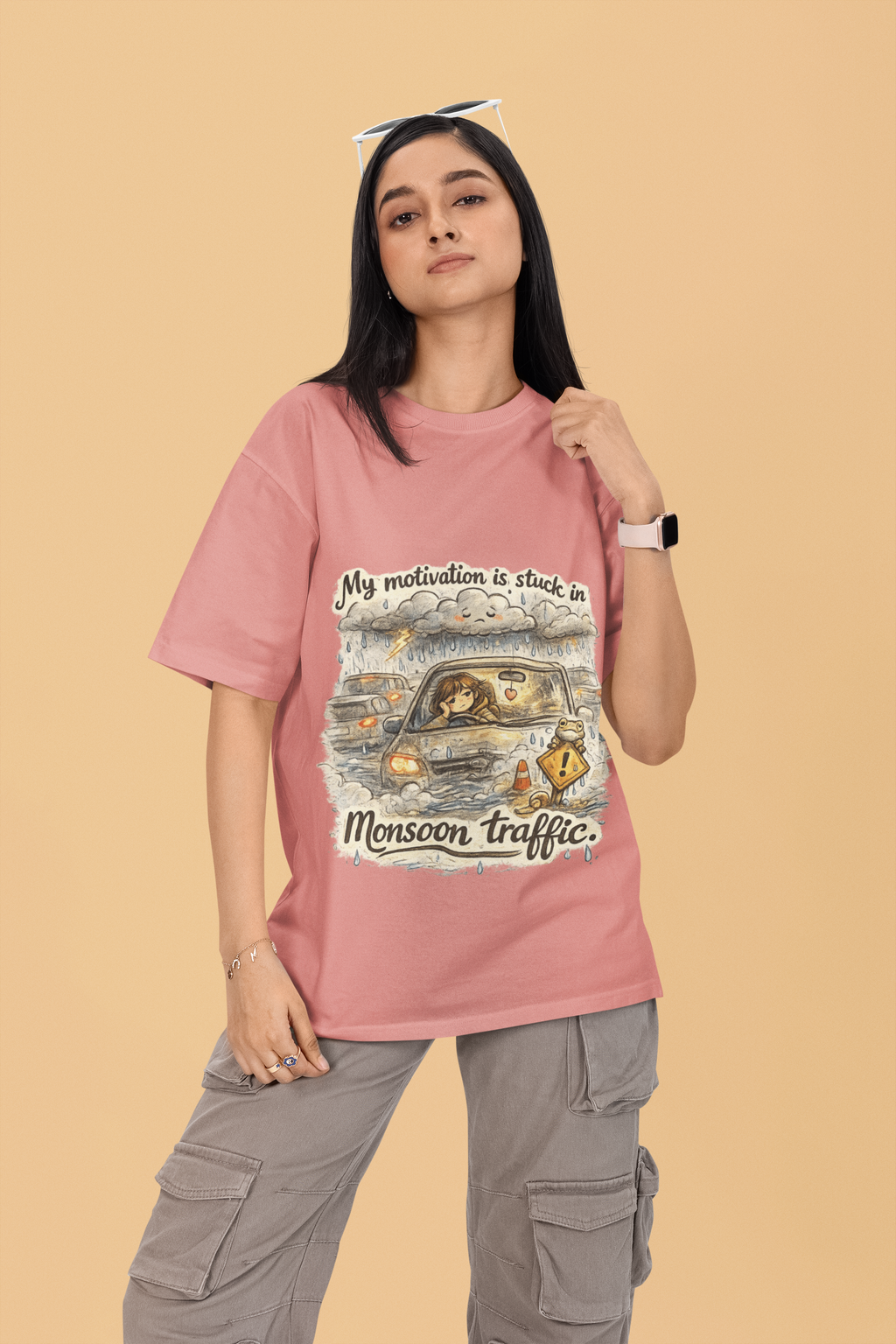 Snuggle Spot My Motivation is stuck in Monsoon Traffic Unisex Oversized T-Shirt
