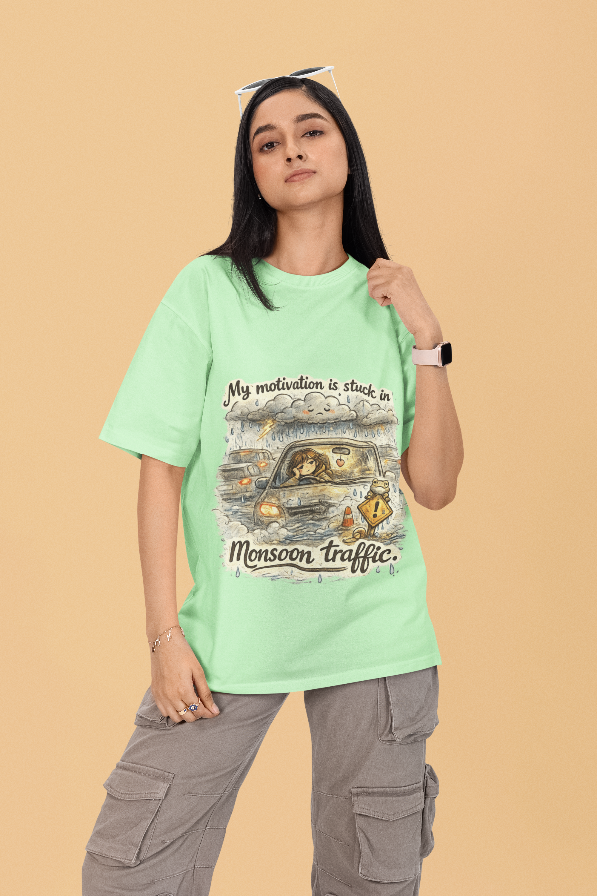 Snuggle Spot My Motivation is stuck in Monsoon Traffic Unisex Oversized T-Shirt