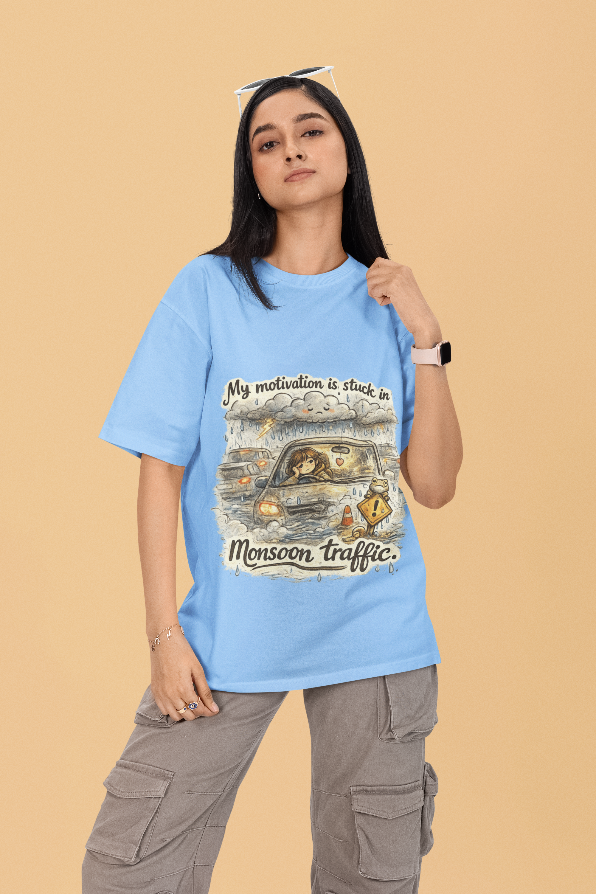 Snuggle Spot My Motivation is stuck in Monsoon Traffic Unisex Oversized T-Shirt