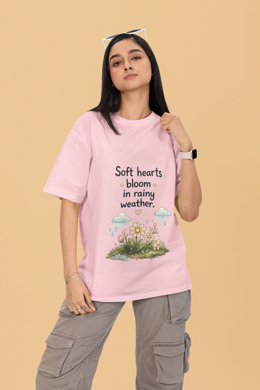 Snuggle Spot Soft Hearts Bloom in Rainy Weather Lighter Shade Unisex Oversized T-Shirt