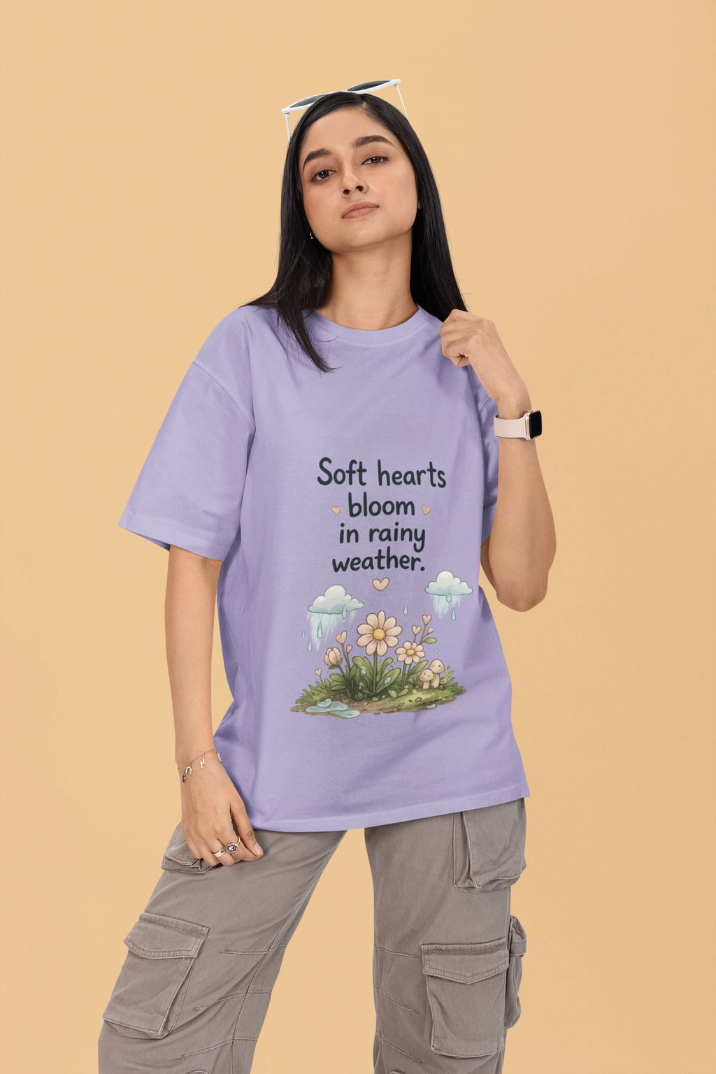 Snuggle Spot Soft Hearts Bloom in Rainy Weather Lighter Shade Unisex Oversized T-Shirt