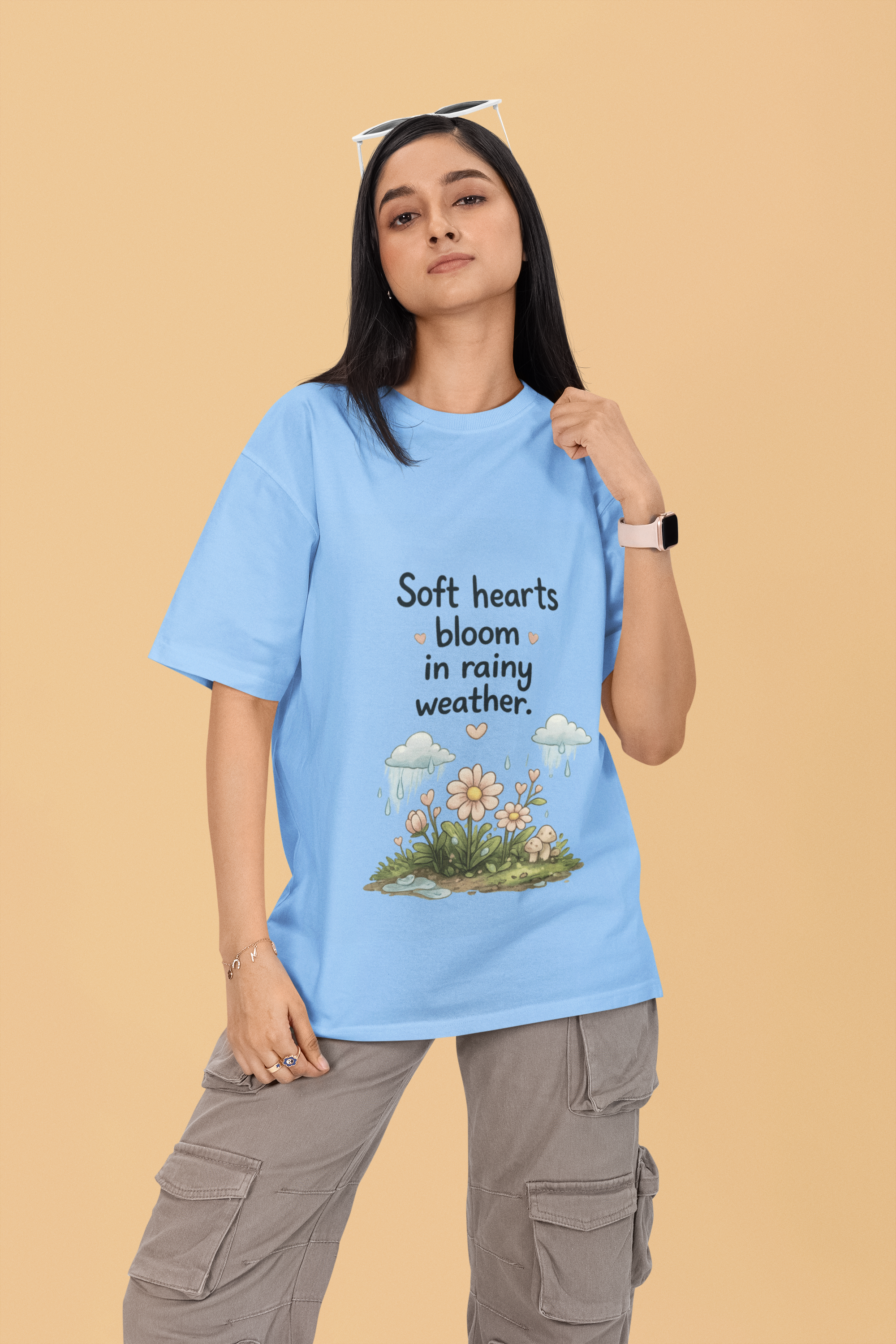 Snuggle Spot Soft Hearts Bloom in Rainy Weather Lighter Shade Unisex Oversized T-Shirt