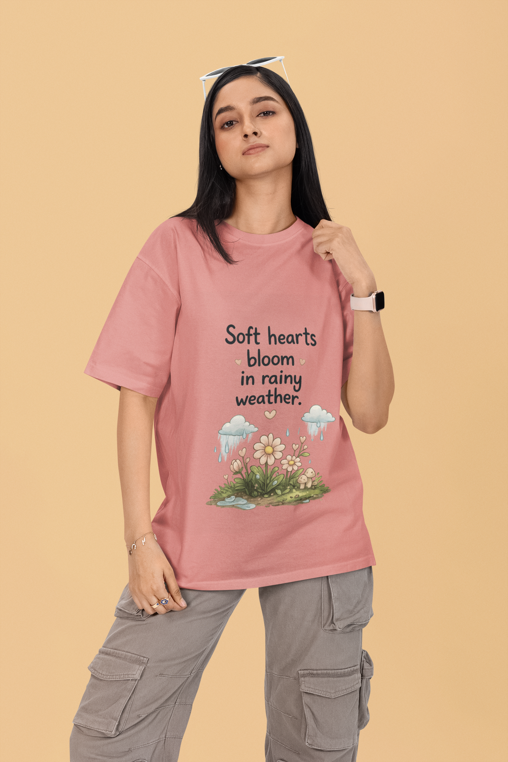 Snuggle Spot Soft Hearts Bloom in Rainy Weather Lighter Shade Unisex Oversized T-Shirt