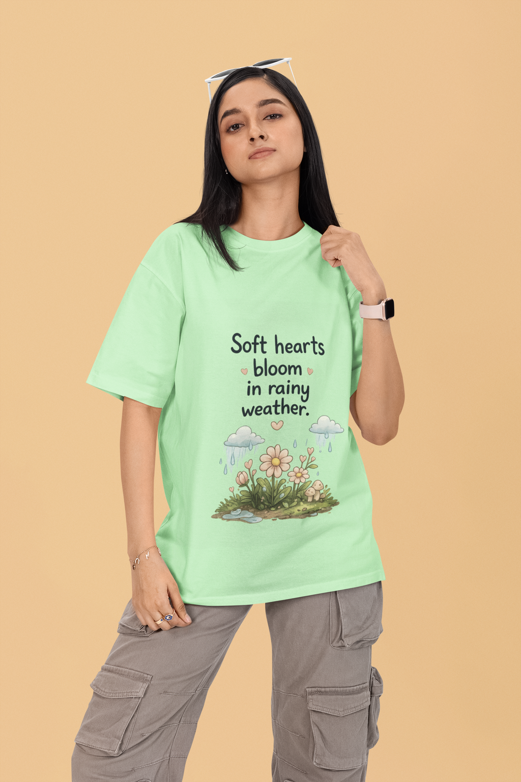 Snuggle Spot Soft Hearts Bloom in Rainy Weather Lighter Shade Unisex Oversized T-Shirt