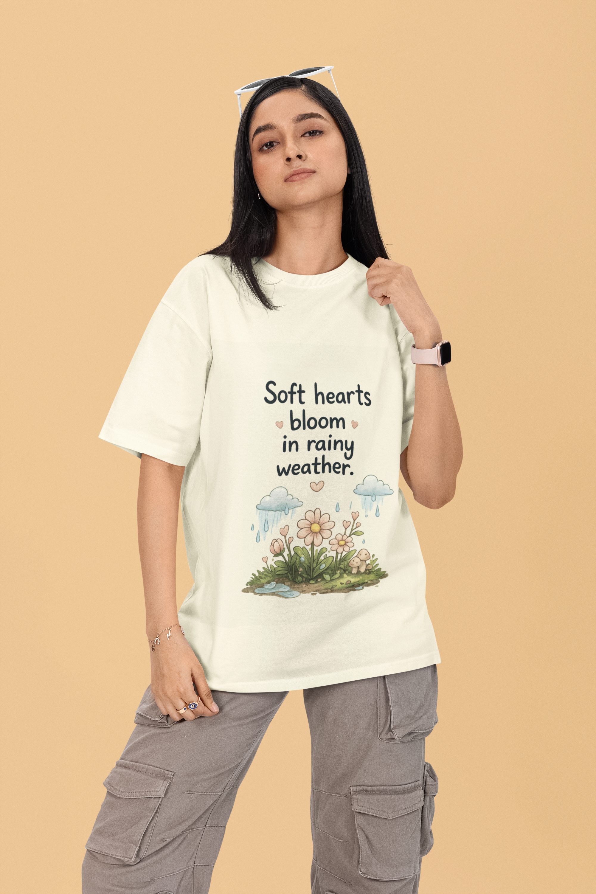 Snuggle Spot Soft Hearts Bloom in Rainy Weather Lighter Shade Unisex Oversized T-Shirt