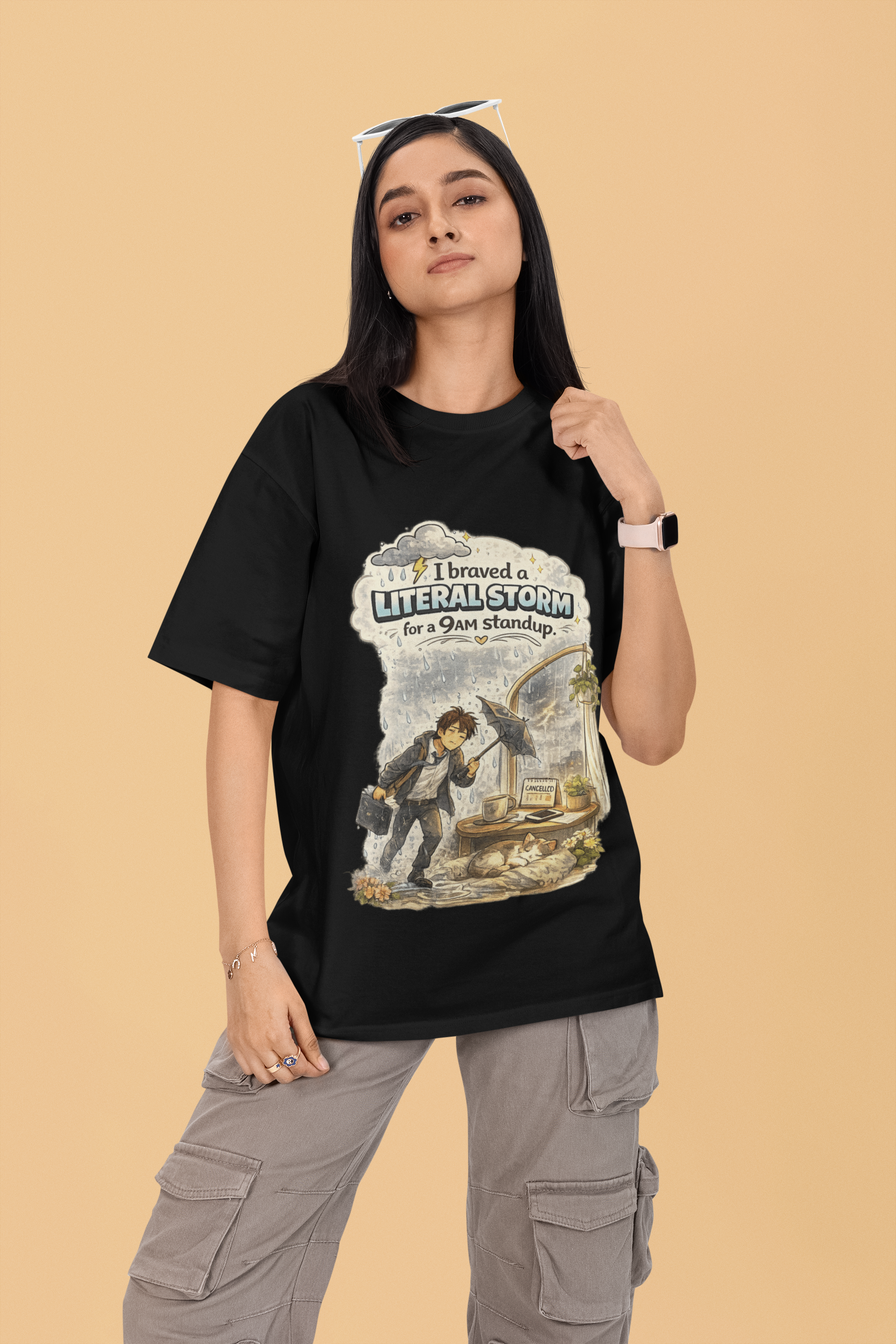 Snuggle Spot I braved a Literal Storm Mixed Shade Mixed Shade Unisex Oversized T-Shade