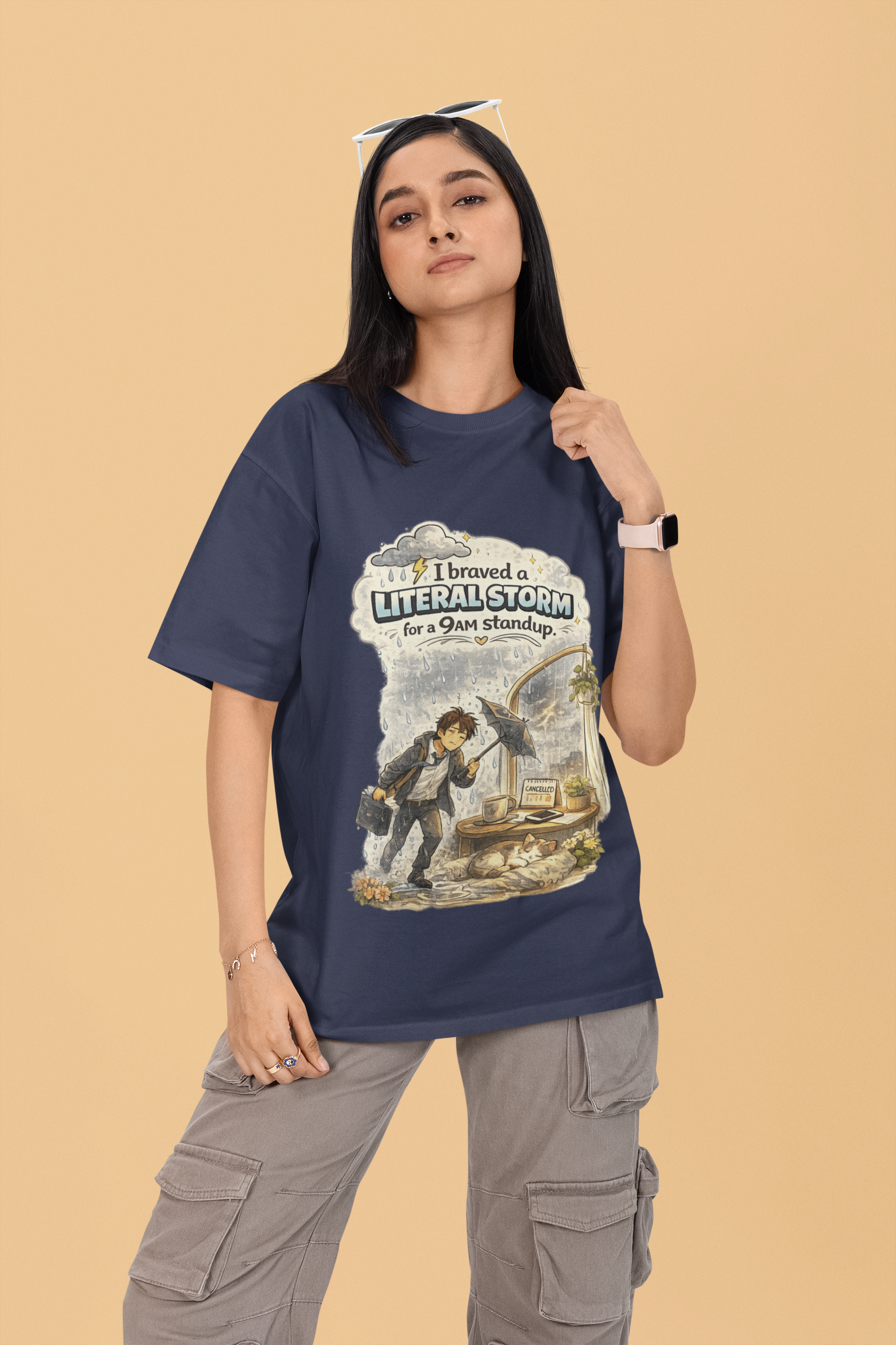 Snuggle Spot I braved a Literal Storm Mixed Shade Mixed Shade Unisex Oversized T-Shade