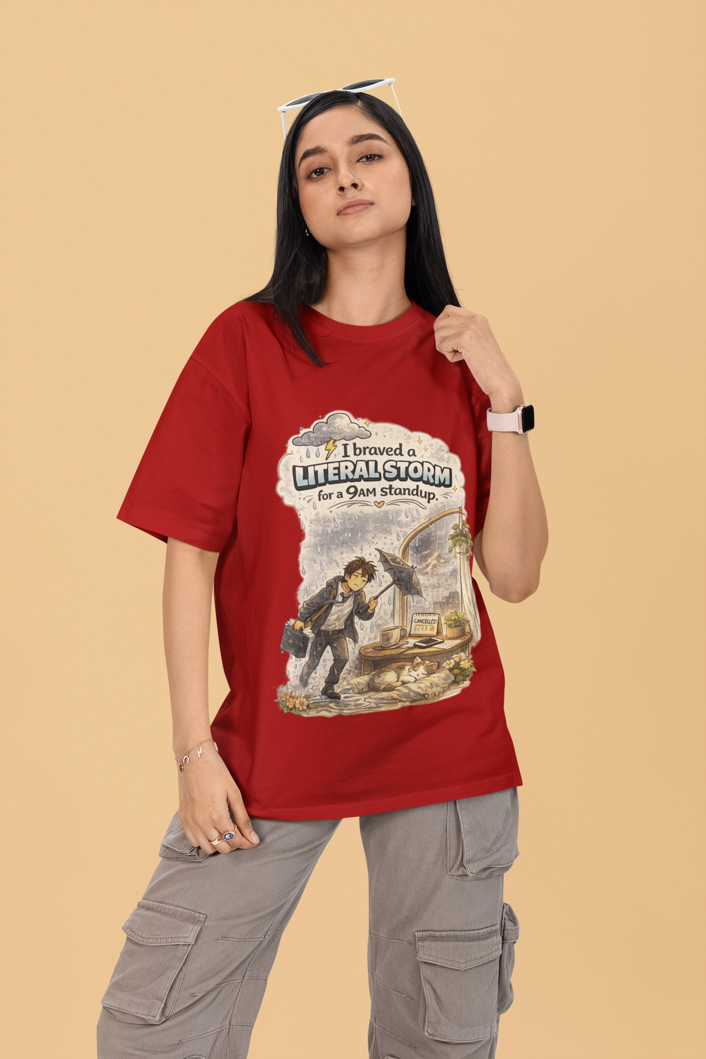Snuggle Spot I braved a Literal Storm Mixed Shade Mixed Shade Unisex Oversized T-Shade