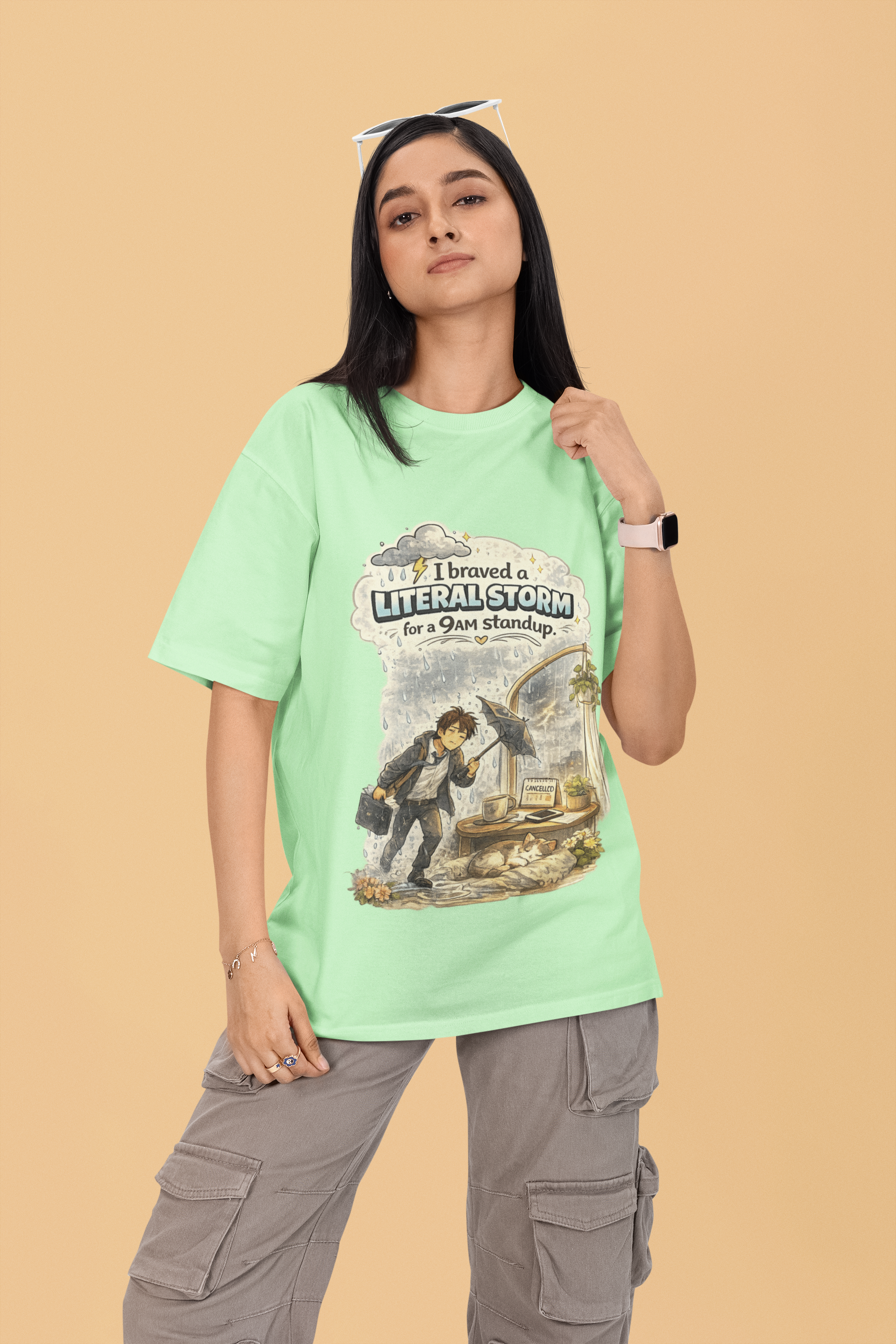Snuggle Spot I braved a Literal Storm Mixed Shade Mixed Shade Unisex Oversized T-Shade