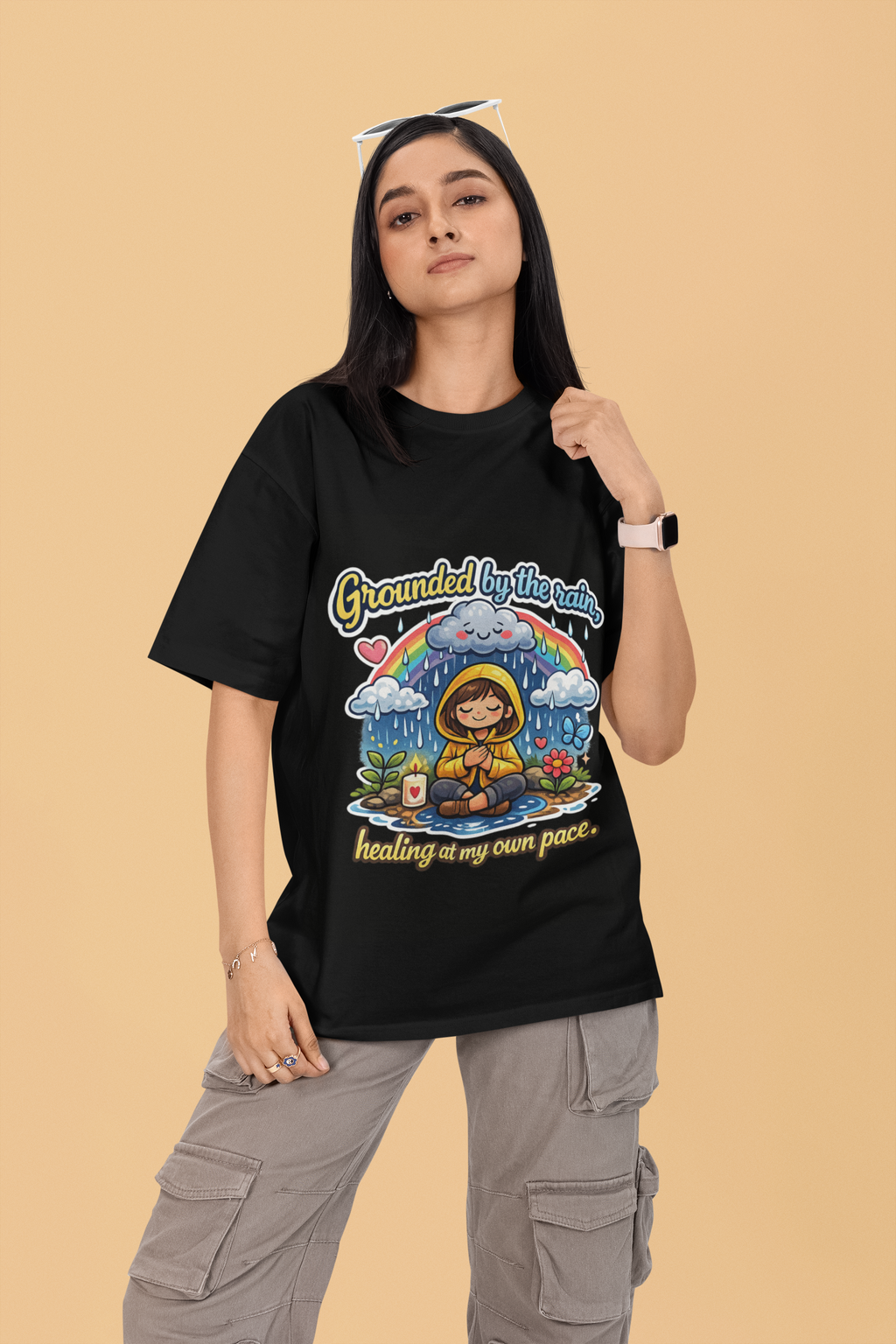 Snuggle Spot Grounded by the rain Mixed Shade Unisex Terry Oversized T-Shirt