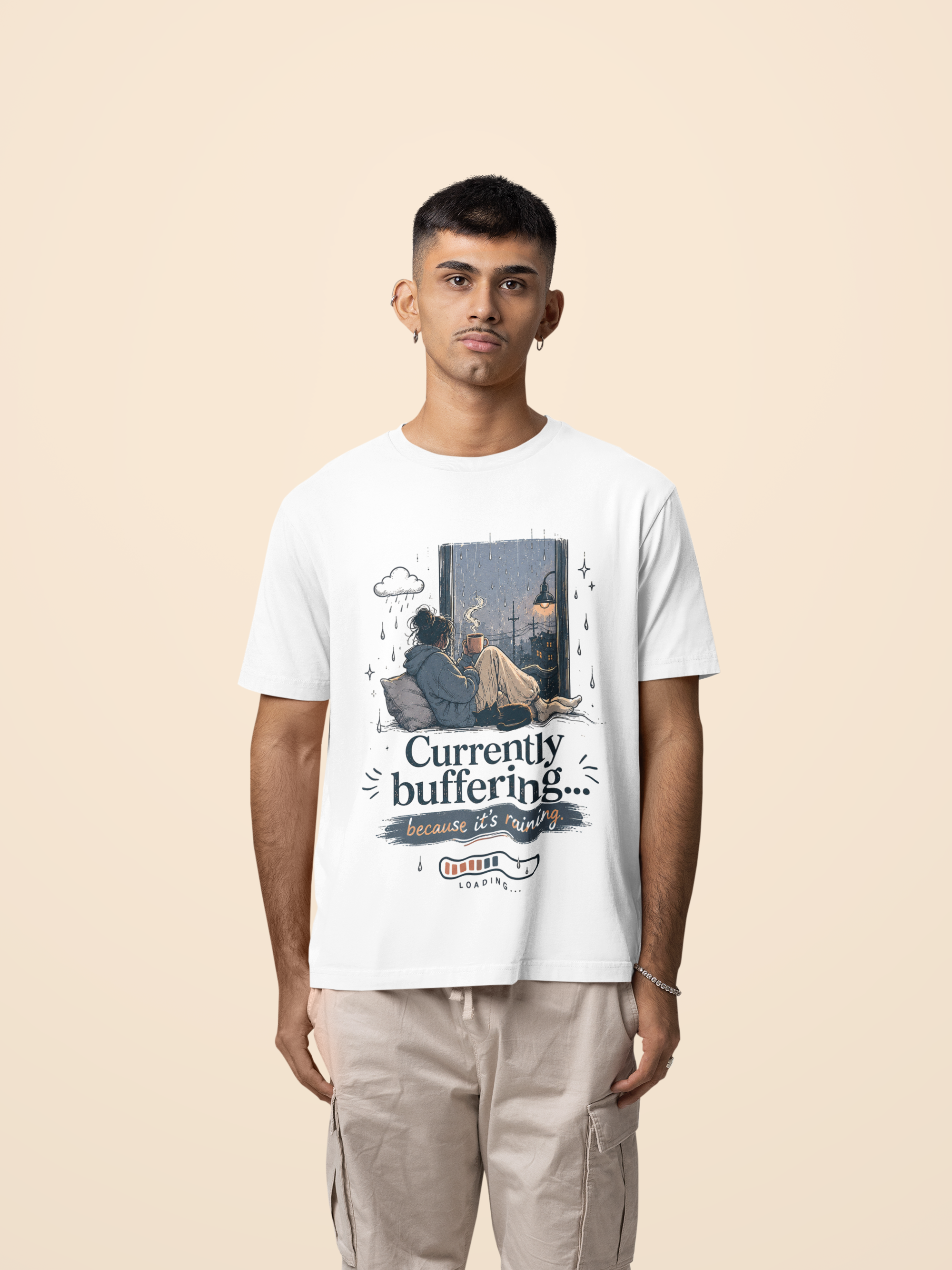 Snuggle Spot Currently Buffering Because its Raining Lighter Shade Unisex Oversized T-Shirt