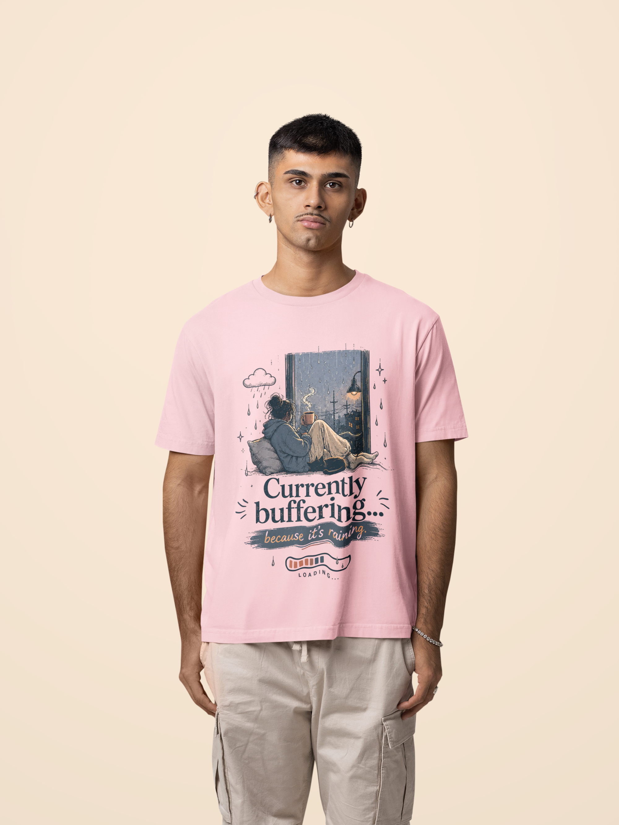 Snuggle Spot Currently Buffering Because its Raining Lighter Shade Unisex Oversized T-Shirt