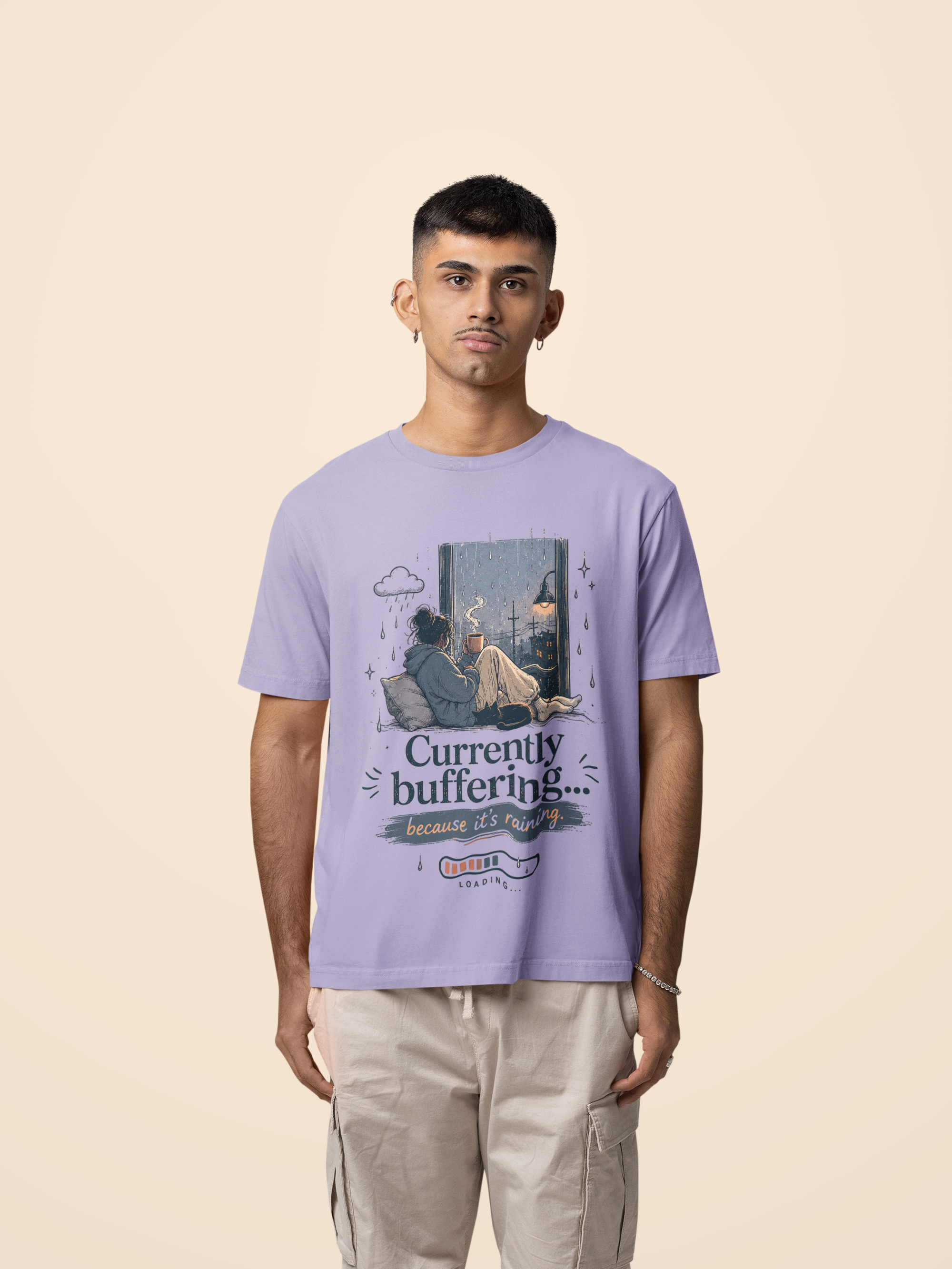 Snuggle Spot Currently Buffering Because its Raining Lighter Shade Unisex Oversized T-Shirt