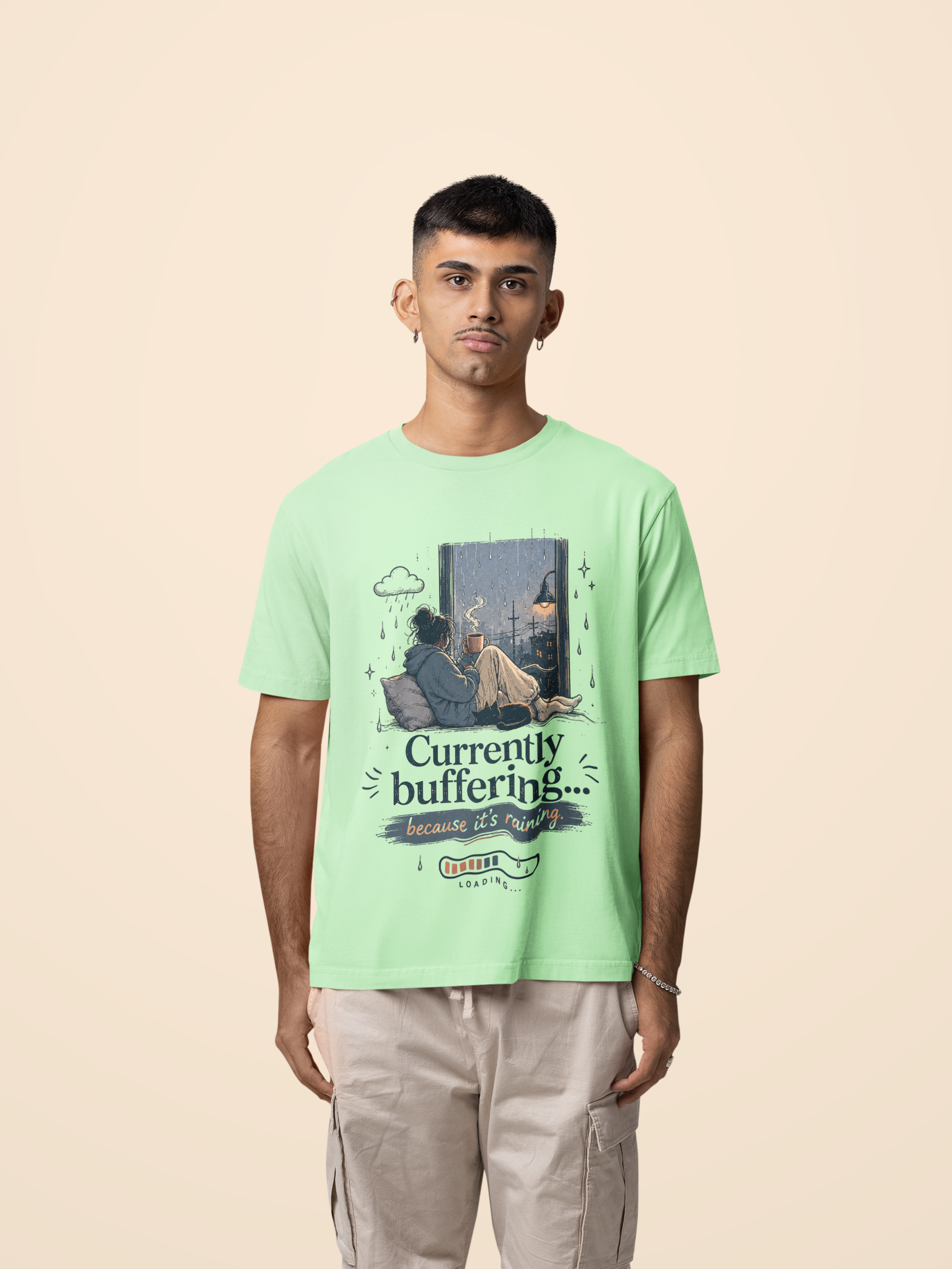 Snuggle Spot Currently Buffering Because its Raining Lighter Shade Unisex Oversized T-Shirt