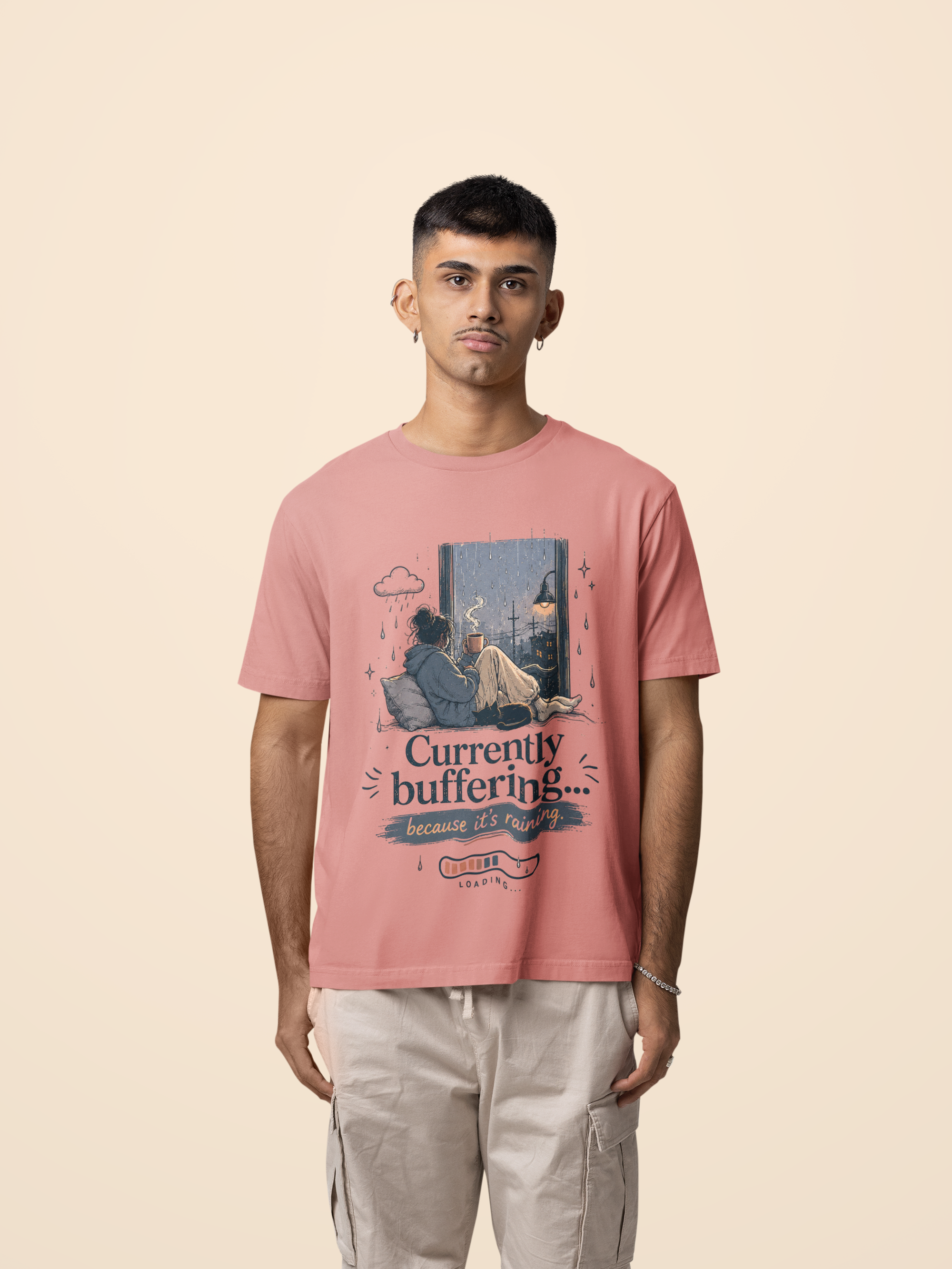 Snuggle Spot Currently Buffering Because its Raining Lighter Shade Unisex Oversized T-Shirt