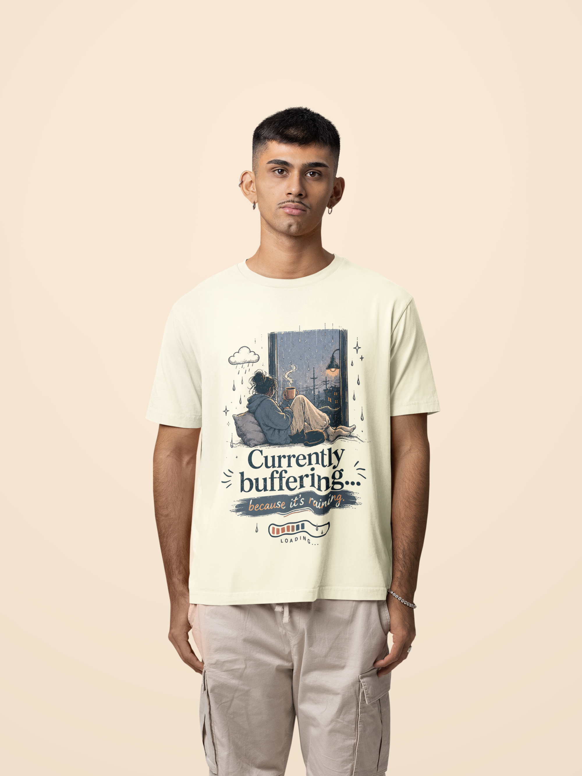 Snuggle Spot Currently Buffering Because its Raining Lighter Shade Unisex Oversized T-Shirt