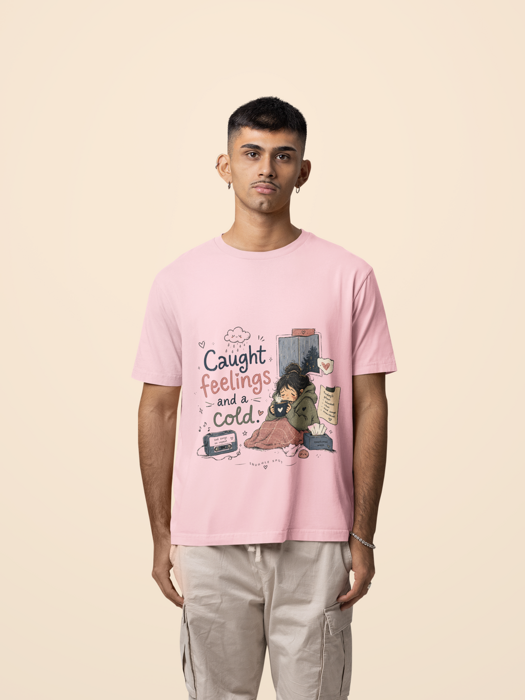 Snuggle Spot Caught Feelings and a Cold Lighter Shade Unisex Oversized T-Shirt