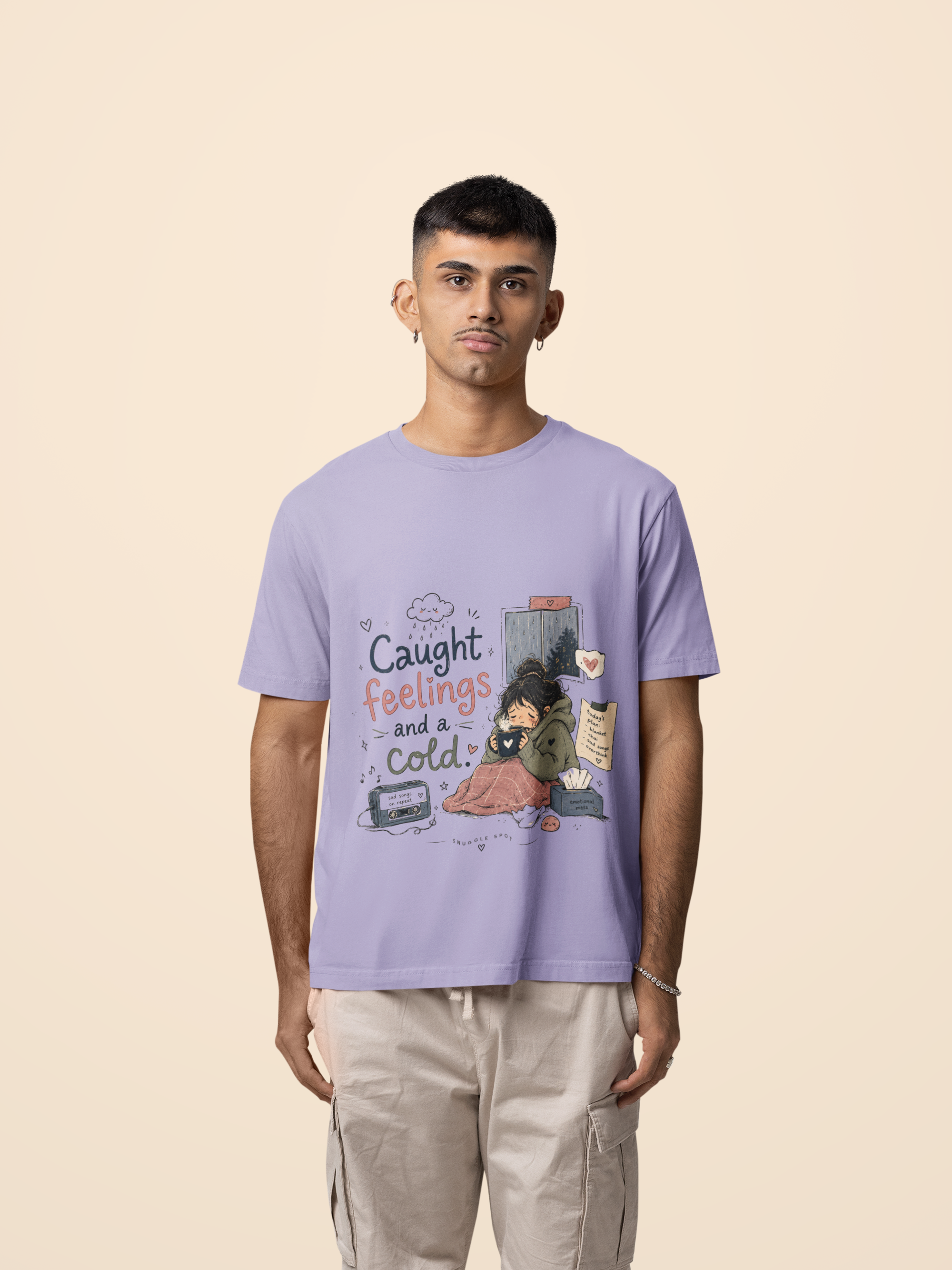 Snuggle Spot Caught Feelings and a Cold Lighter Shade Unisex Oversized T-Shirt