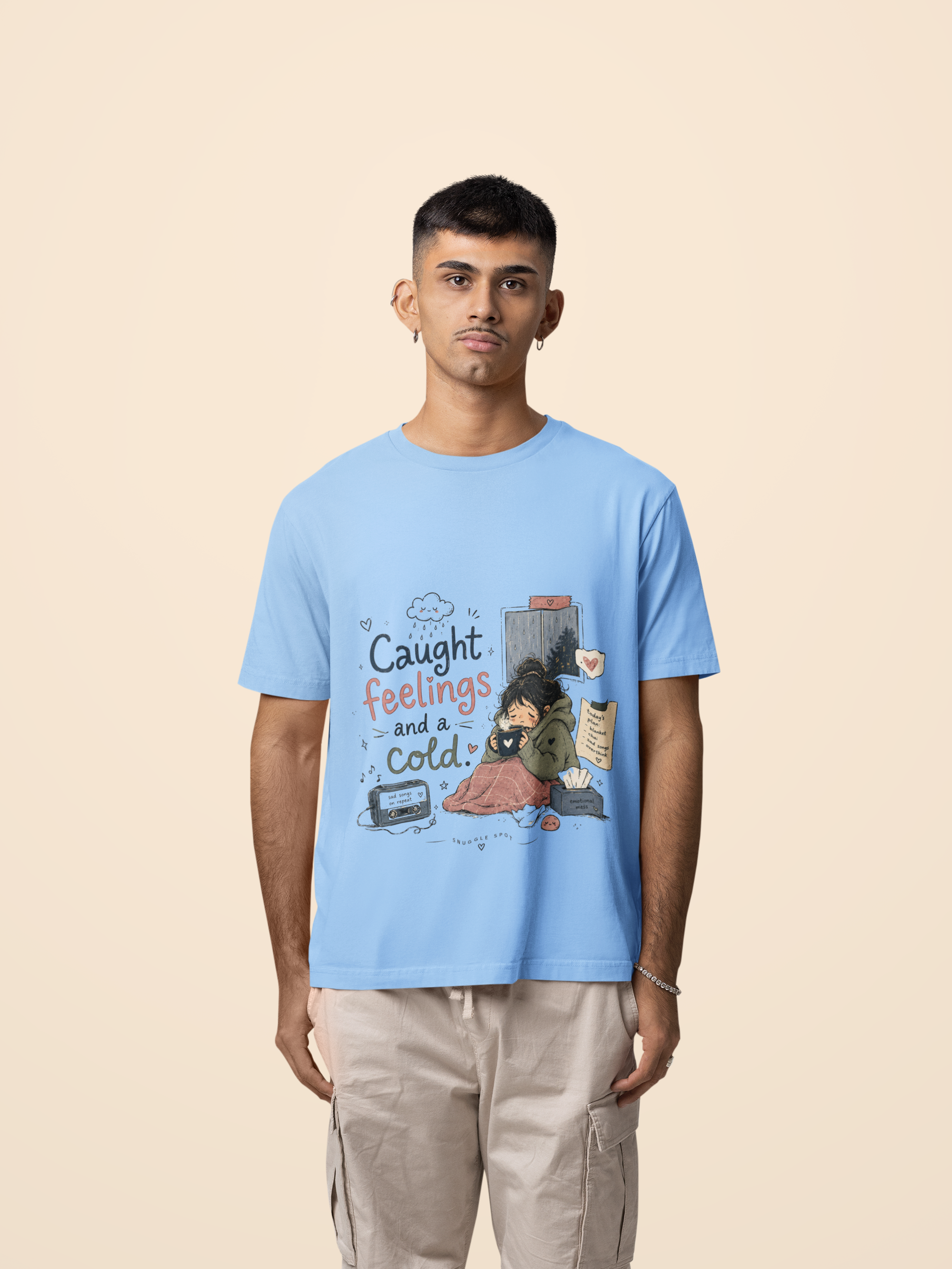 Snuggle Spot Caught Feelings and a Cold Lighter Shade Unisex Oversized T-Shirt