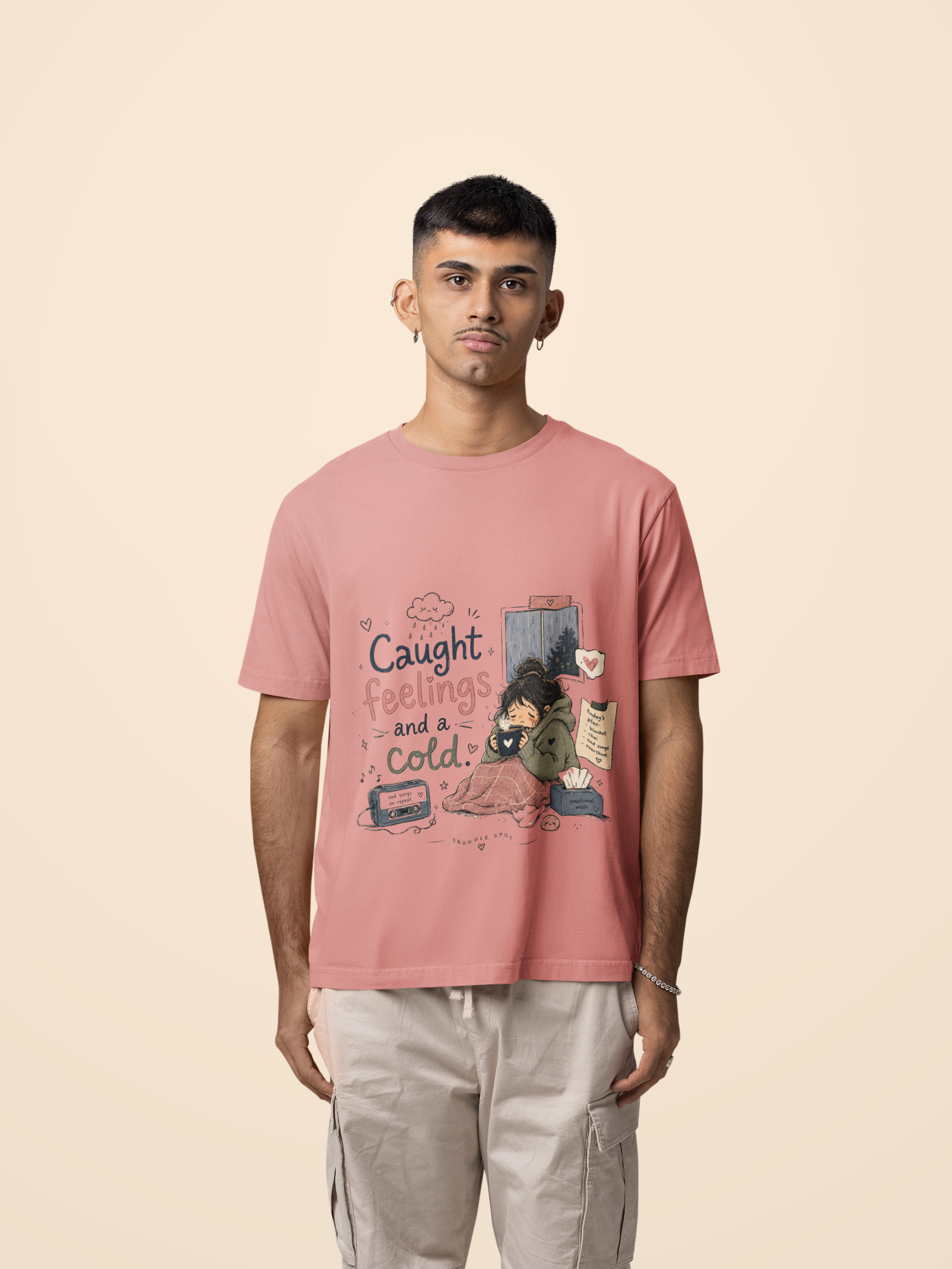 Snuggle Spot Caught Feelings and a Cold Lighter Shade Unisex Oversized T-Shirt