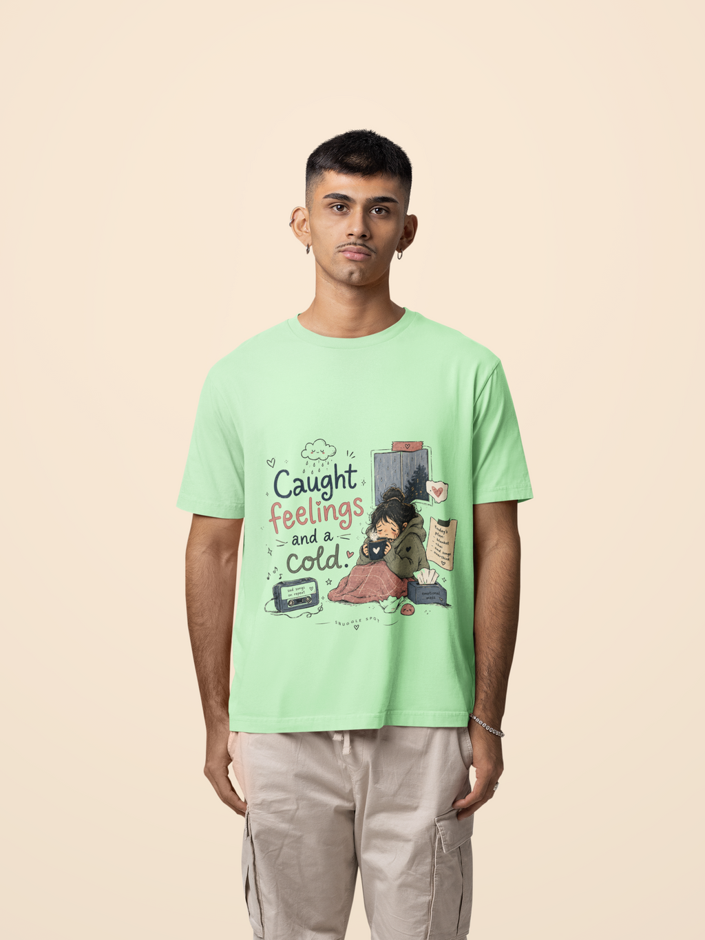 Snuggle Spot Caught Feelings and a Cold Lighter Shade Unisex Oversized T-Shirt