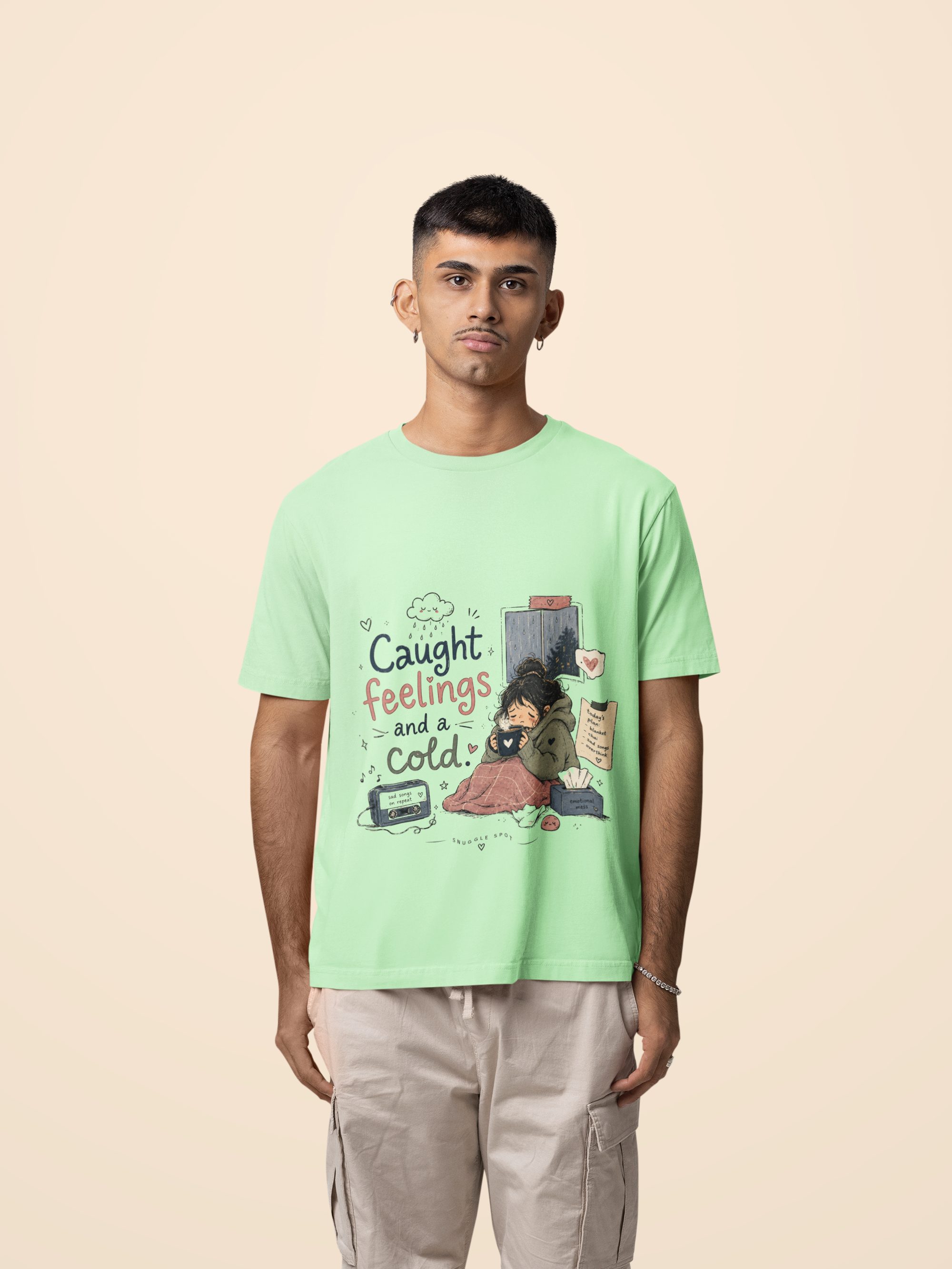 Snuggle Spot Caught Feelings and a Cold Lighter Shade Unisex Oversized T-Shirt