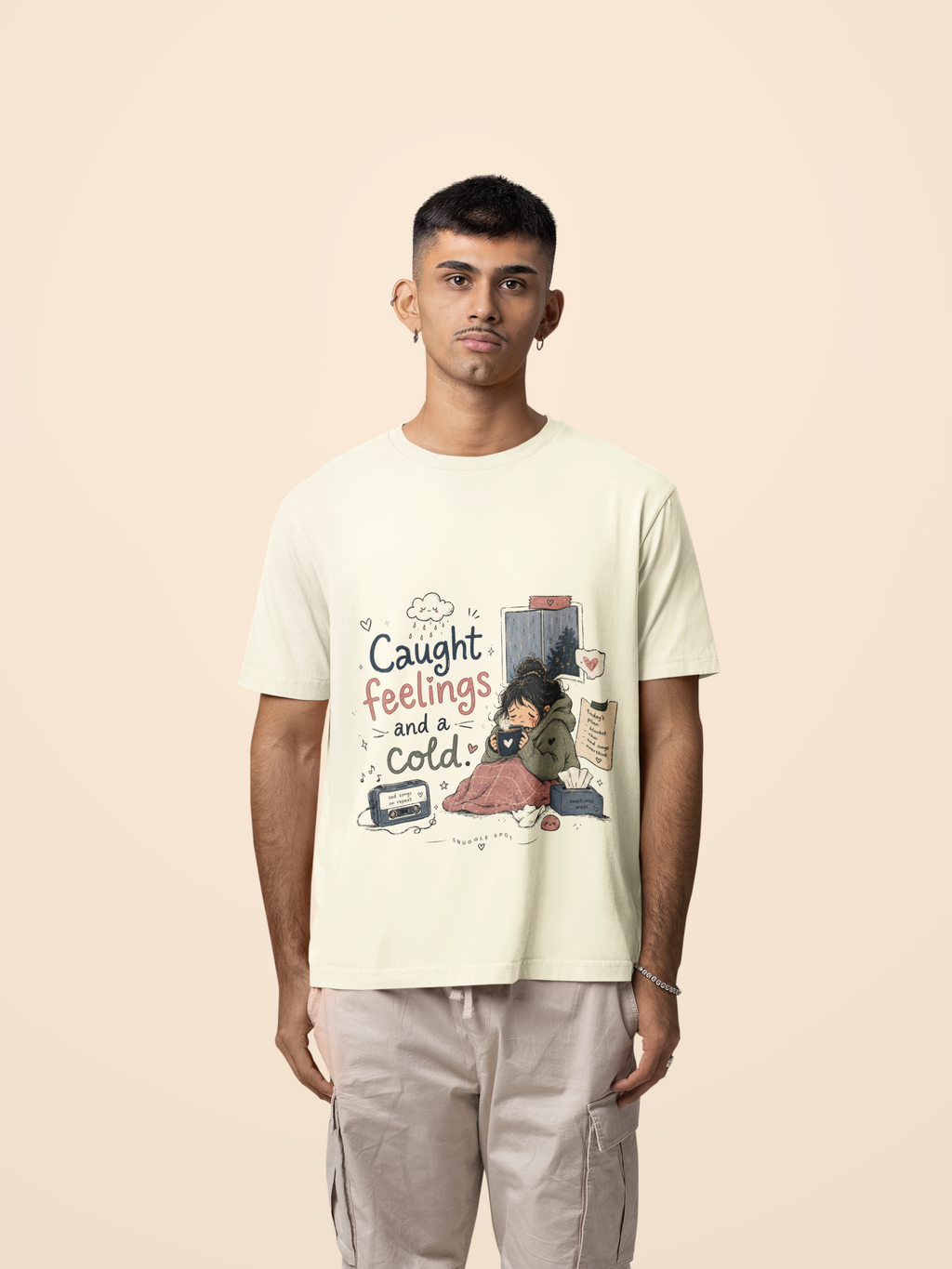Snuggle Spot Caught Feelings and a Cold Lighter Shade Unisex Oversized T-Shirt