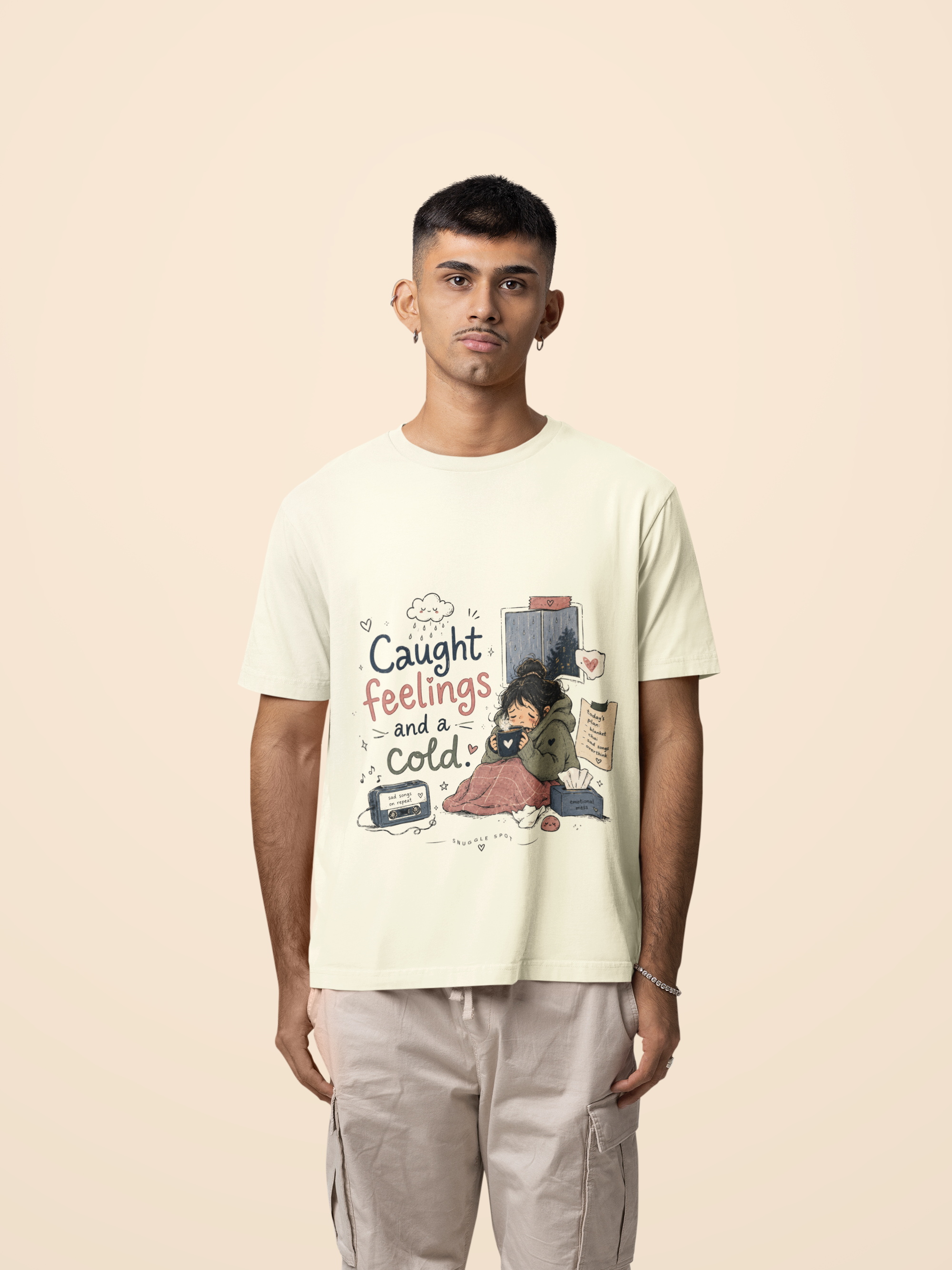 Snuggle Spot Caught Feelings and a Cold Lighter Shade Unisex Oversized T-Shirt