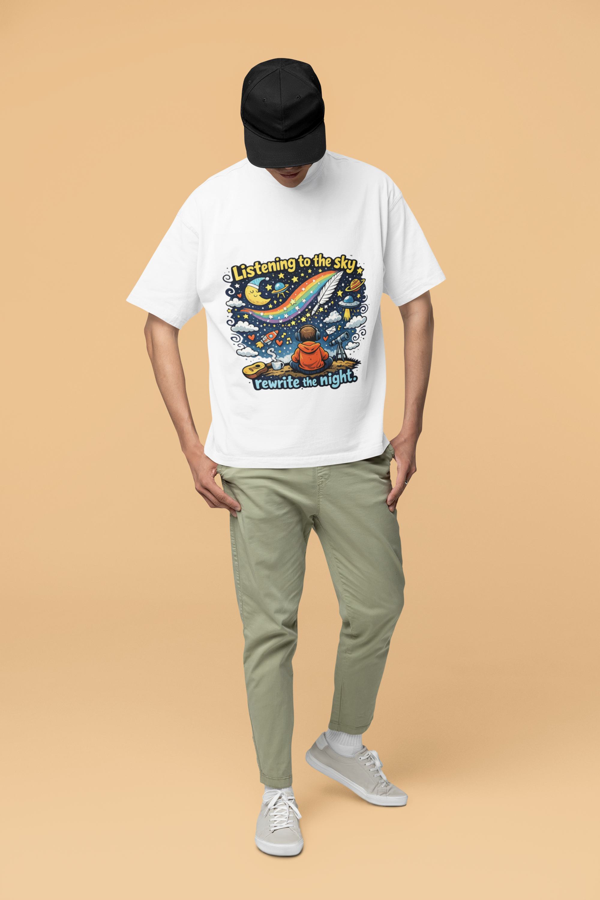 Snuggle Spot Listening to the sky rewrite the night Mixed Shade Unisex Oversized T-Shirt
