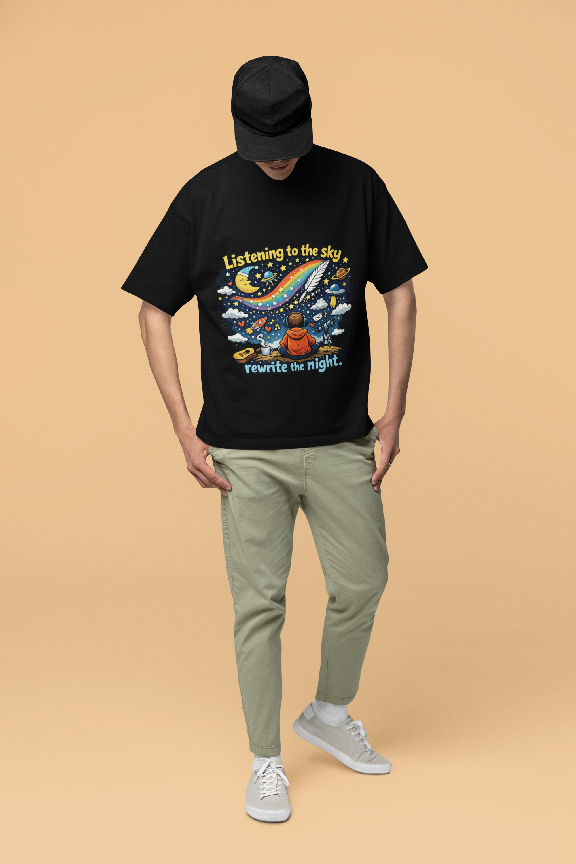 Snuggle Spot Listening to the sky rewrite the night Mixed Shade Unisex Oversized T-Shirt