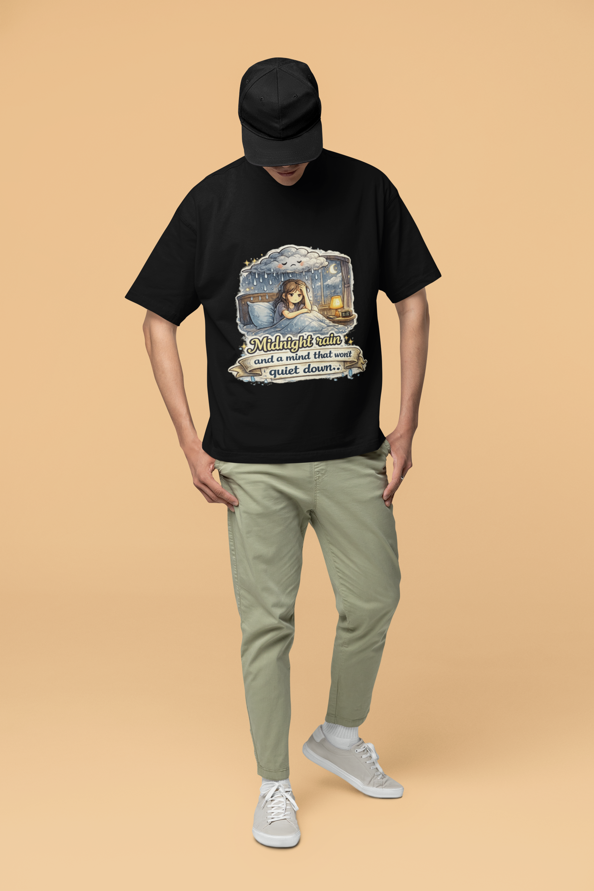 Snuggle Spot Midnight Rain and a mind that wont quite down Mixed Shade Unisex Oversized T-shirt