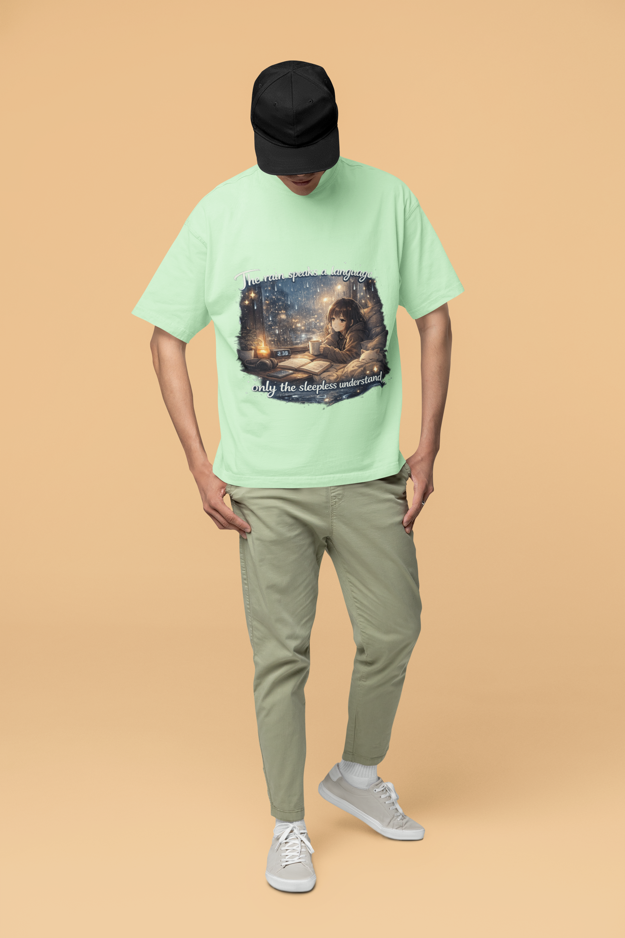 Snuggle Spot The Rain speaks a language Darker Shade Unisex Oversized T-Shirt