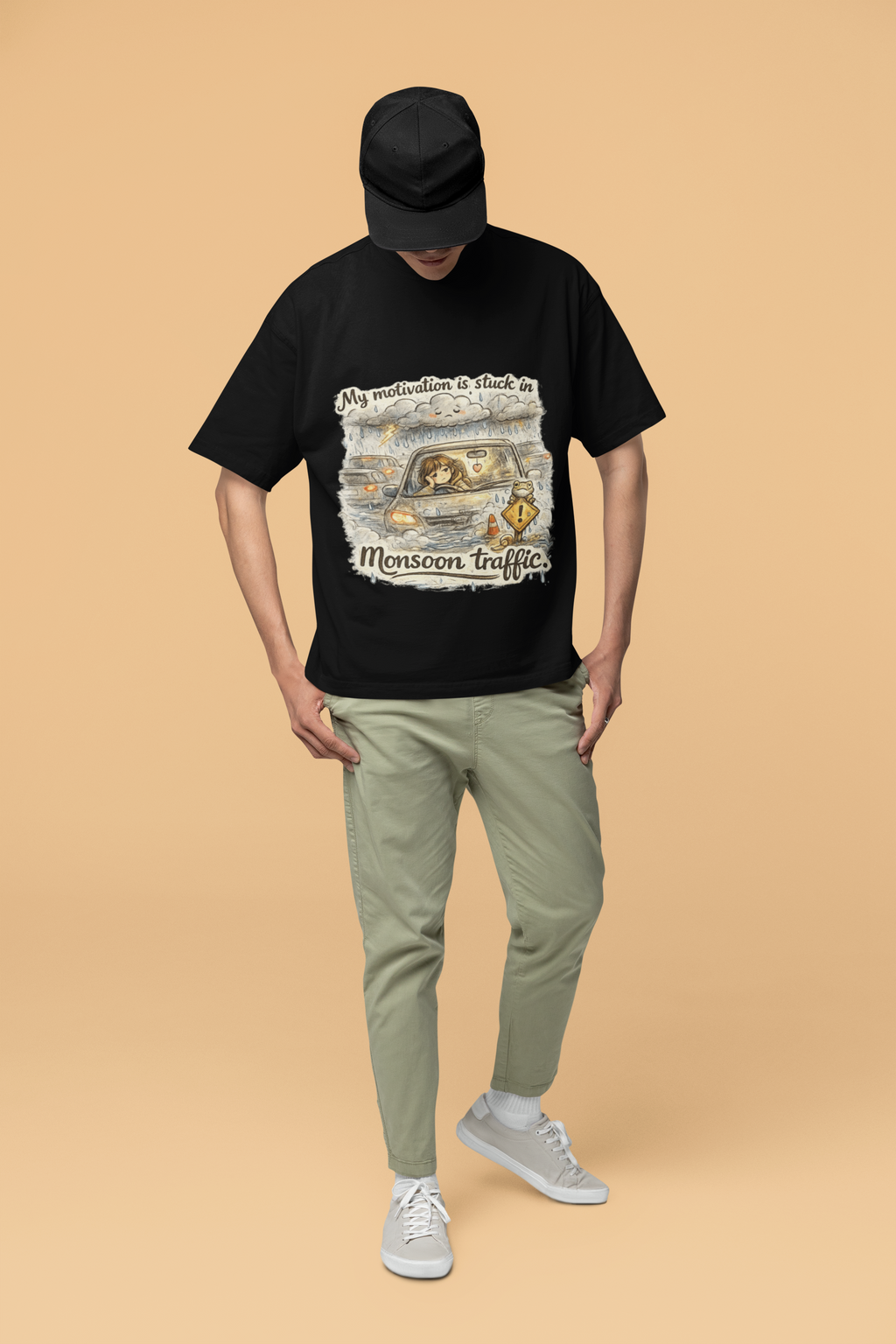Snuggle Spot My Motivation is stuck in Monsoon Traffic Unisex Oversized T-Shirt