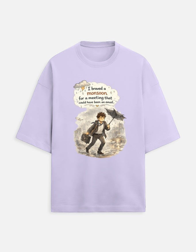 Snuggle Spot lavender oversized unisex t-shirt with a graphic of a man in rain with text about a monsoon meeting.