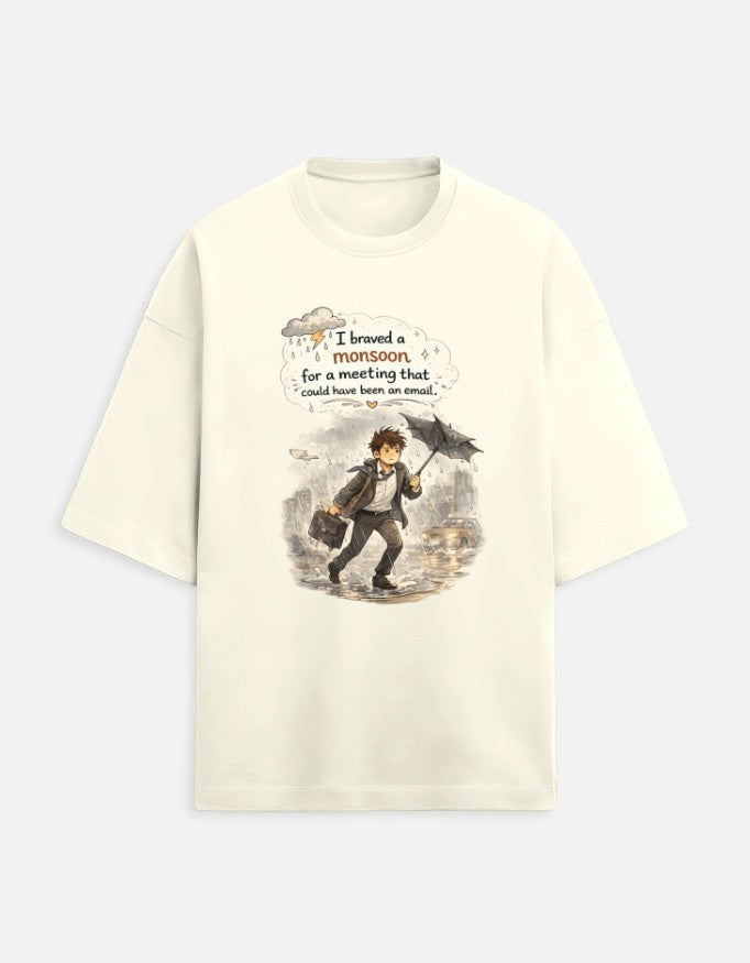 Snuggle Spot cream oversized unisex t-shirt with a graphic print of a man in a suit braving rain with an umbrella.