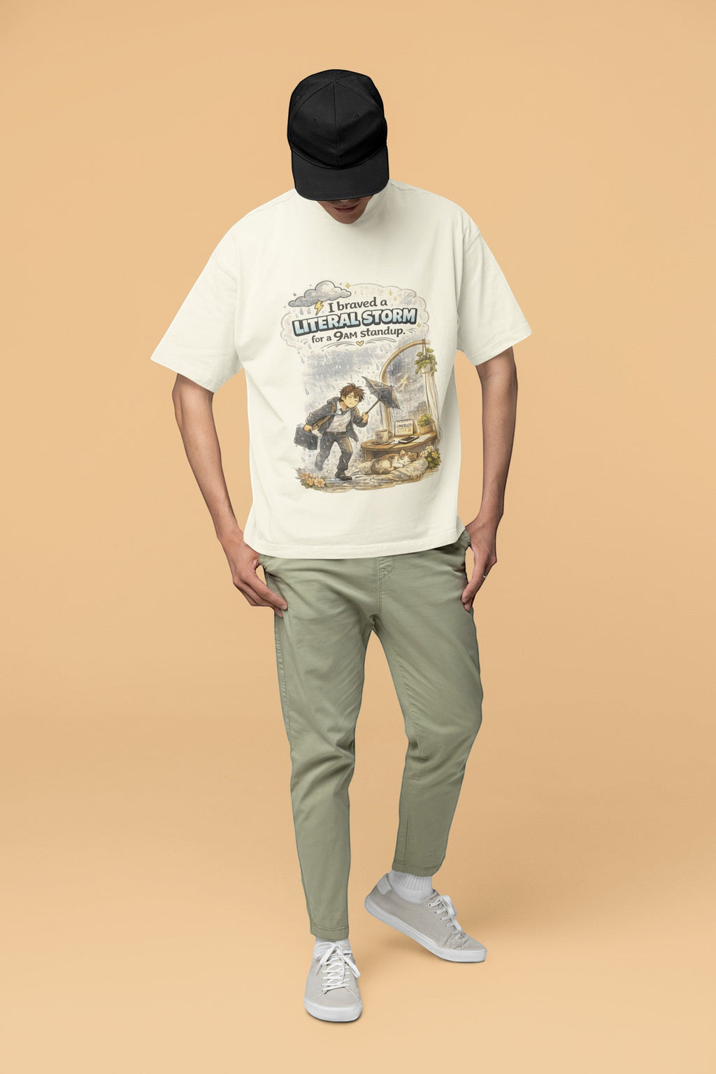 Snuggle Spot unisex oversized cream t-shirt with graphic print, made from heavyweight terry-knit cotton blend.