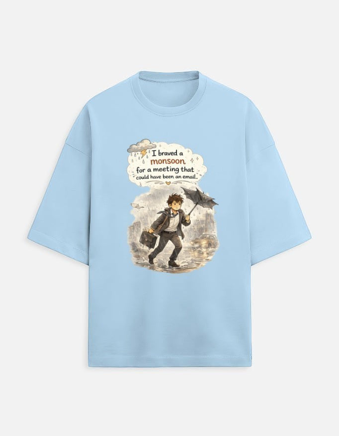 Snuggle Spot light blue oversized unisex t-shirt with a graphic print of a man in a suit braving a monsoon rain.
