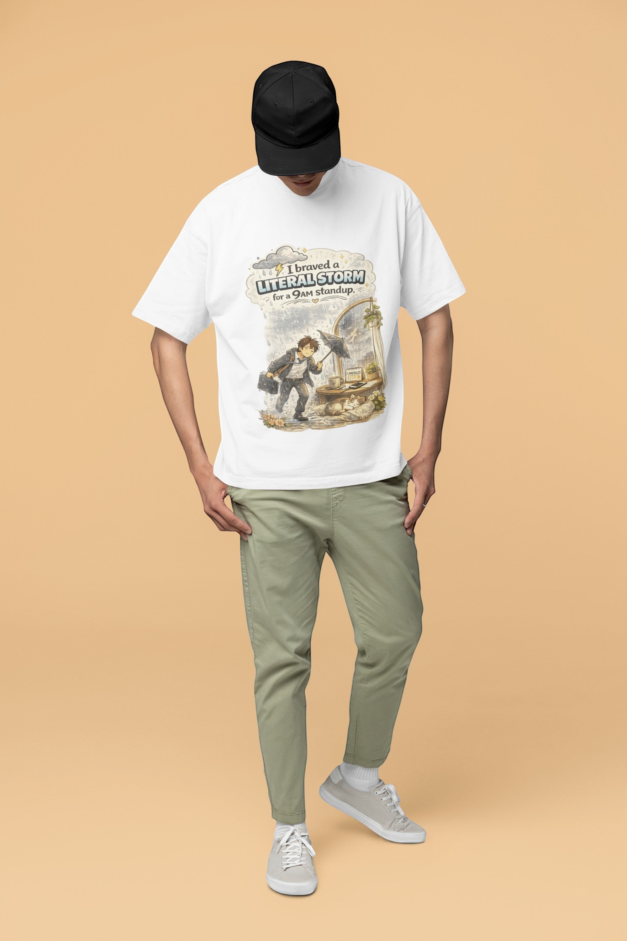 Snuggle Spot unisex oversized white t-shirt with graphic print, made from premium 260 GSM cotton-polyester terry-knit.