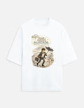 Snuggle Spot white oversized unisex t-shirt with a graphic of a man in a suit walking through rain with an umbrella.