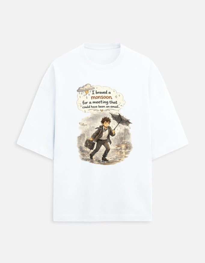 Snuggle Spot white oversized unisex t-shirt with a graphic of a man in a suit walking through rain with an umbrella.