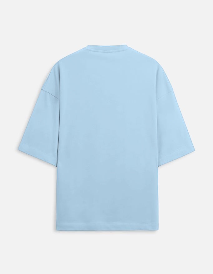 Back view of a Snuggle Spot light blue unisex oversized t-shirt in premium 260 GSM terry-knit cotton-polyester blend.