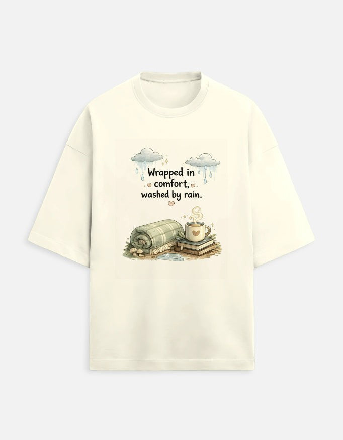 Snuggle Spot oversized unisex terry t-shirt in cream with Wrapped in Comfort graphic print and drop shoulders.