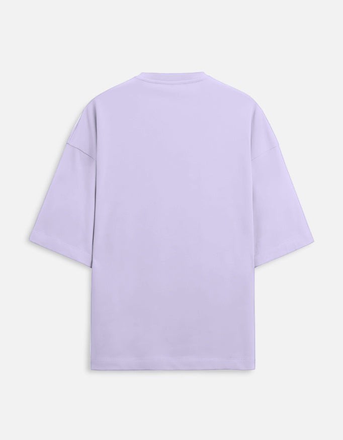 Back view of a Snuggle Spot unisex oversized t-shirt in light purple terry-knit cotton blend with drop shoulders.