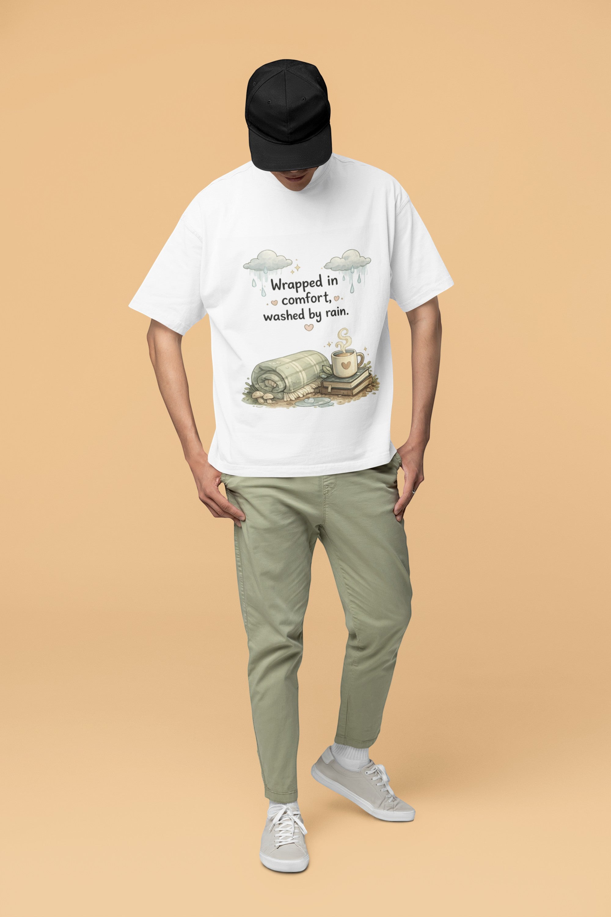 Snuggle Spot unisex white oversized terry-knit t-shirt with graphic print, worn by a man in a black cap and chinos.