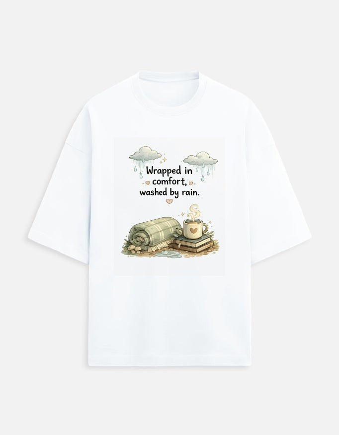 Snuggle Spot white oversized terry-knit t-shirt with Wrapped in Comfort graphic featuring a cozy mug and blanket.